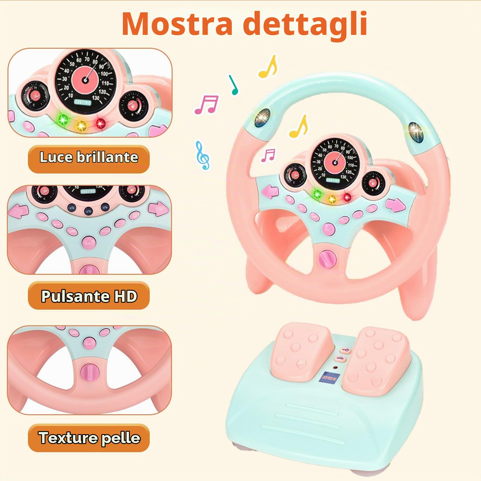 RedCrab Volante Giocattolo per Bambini con Pedale del Freno e Dell'acceleratore, Simulatore di Guida Bambini Rotazione a 360°, Volante per Bambini da Auto con Funzione Suono e Musica (Rosa)