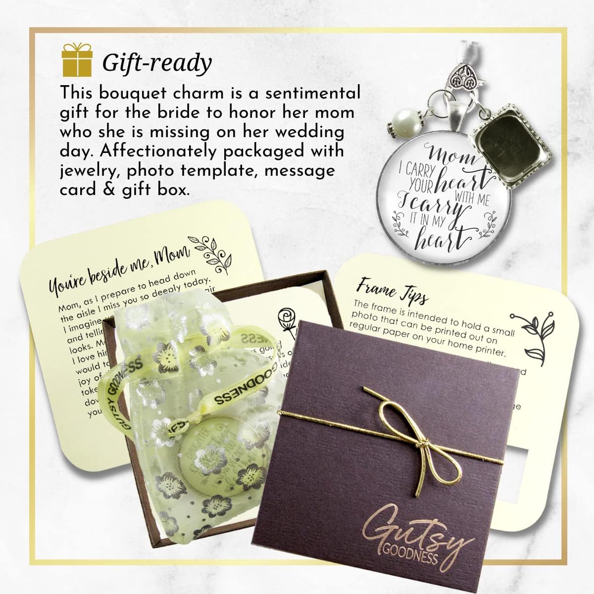 Gutsy Goodness Wedding Bouquet Charm Mom Memory Bride's Flowers Jewelry Vintage Silvertone Ribbon Glass Pendant Photo Frame DIY Picture Template