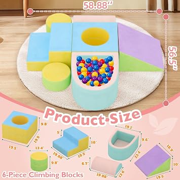 Toddler Climbing Toys Indoor, 6-Piece Baby Foam Climbing Blocks with Ball Pit, Colourful Soft Play Set for Toddlers 1-3 Years Old, Kids' Indoor Climbers & Play Structures (Balls not Included)