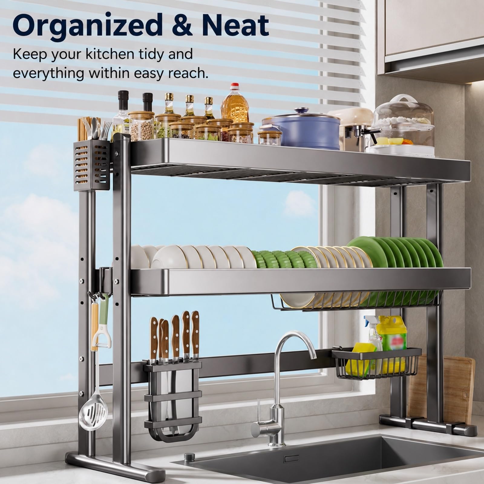 inless - Escurridor de platos de acero para colocar sobre el fregadero, organizador de cocina que ahorra espacio para un secado eficiente de platos y secado rápido, resistente al óxido, diseño fácil