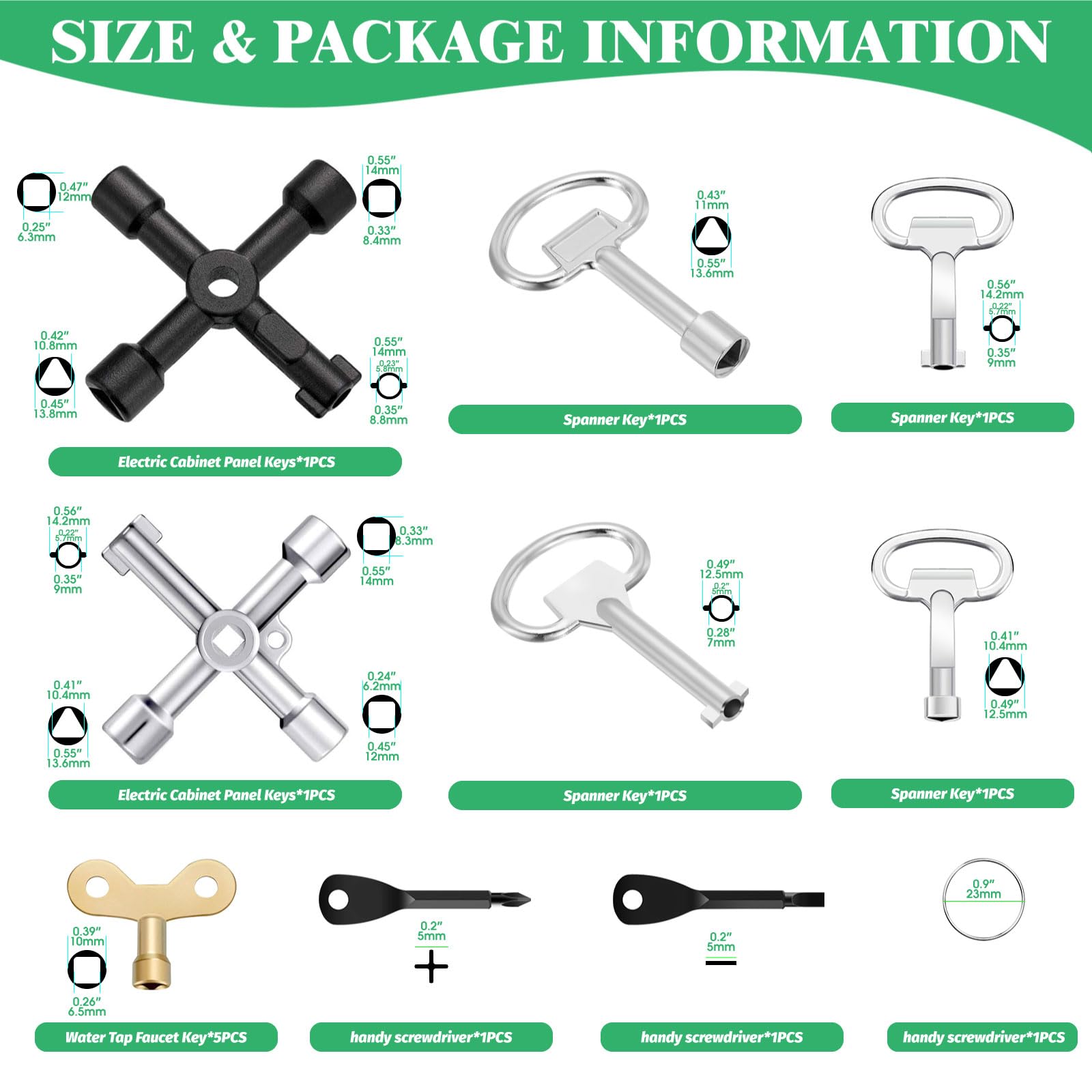 Yuahar - Kit de llaves multifuncionales de 13 piezas que contiene llaves de 4 vías, llaves de grifo de agua, llave de sillcock, llave de armario para radiadores, cajas de medidor eléctrico de gas,