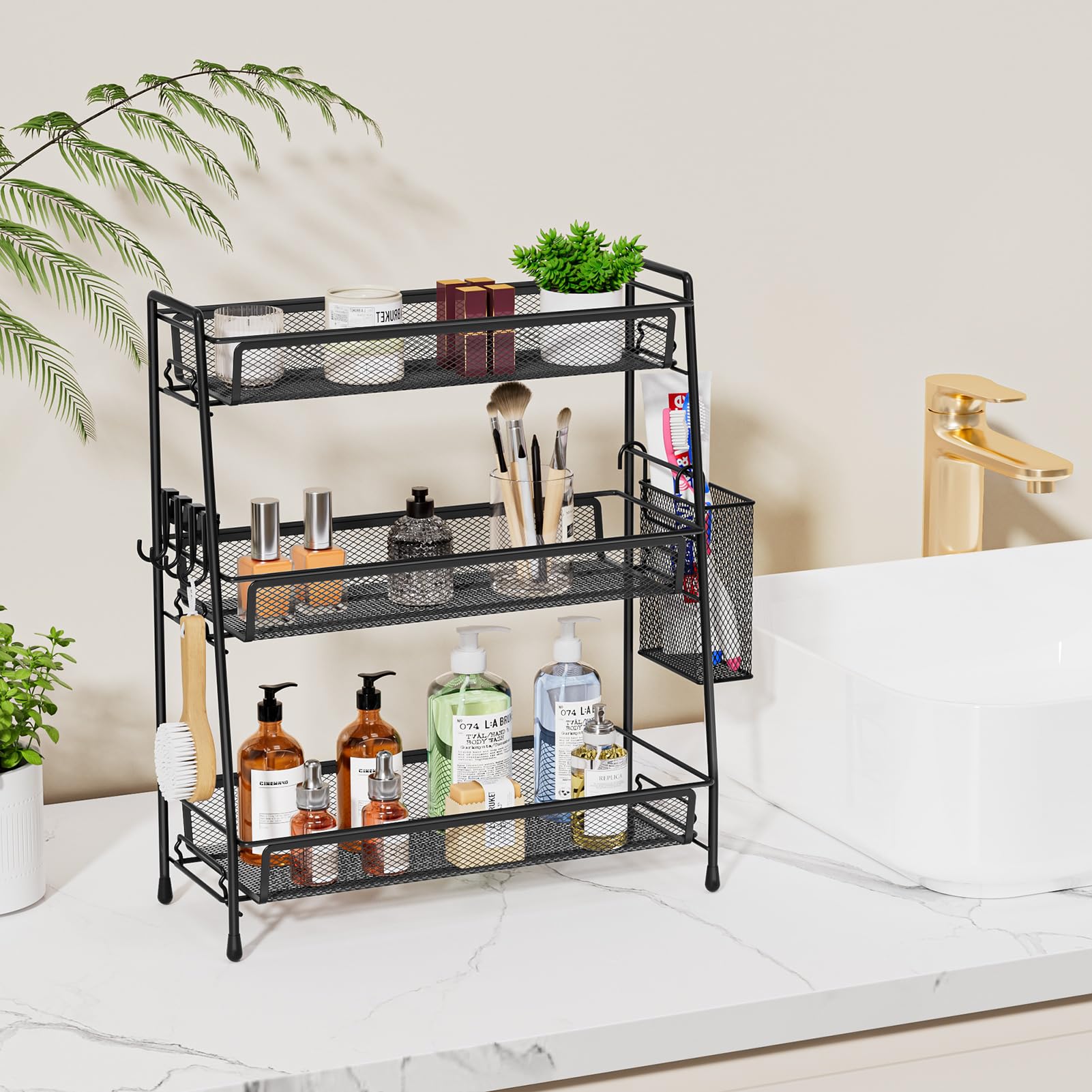 VITVITI 3-Tier Bathroom Organizer Countertop, Metal Wire Mesh Bathroom Counter Organizer Storage with Basket Hooks, Vanity Tray Shelf, Kitchen Spice Rack (Black)