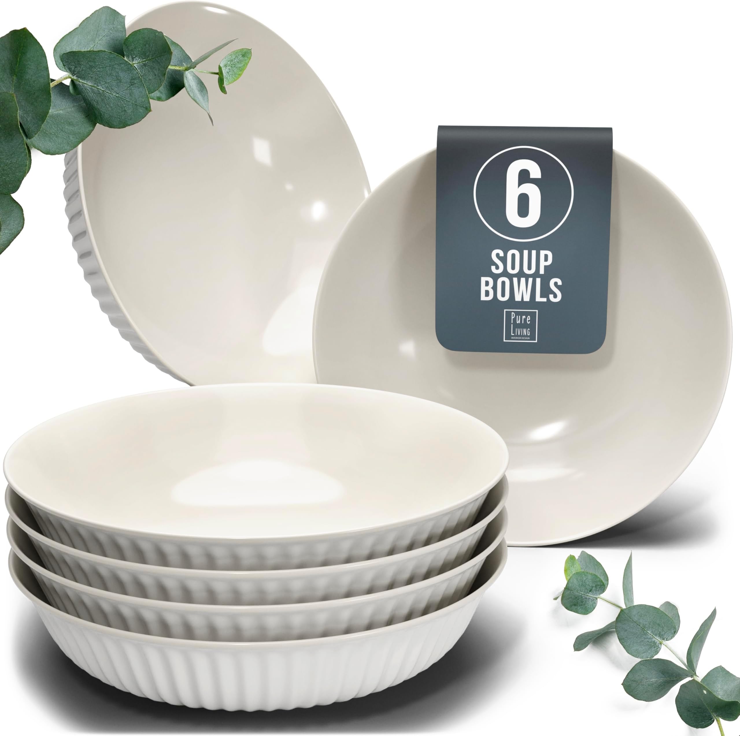 Stylish Soup Plate Set Hygge Series - Premium Stoneware, Scratch Resistant, Dishwasher and Microwave Safe - Stylish Deep Plate Set for 6, Large Deep Pasta Plates - Grooved Deep Plates in Light Grey