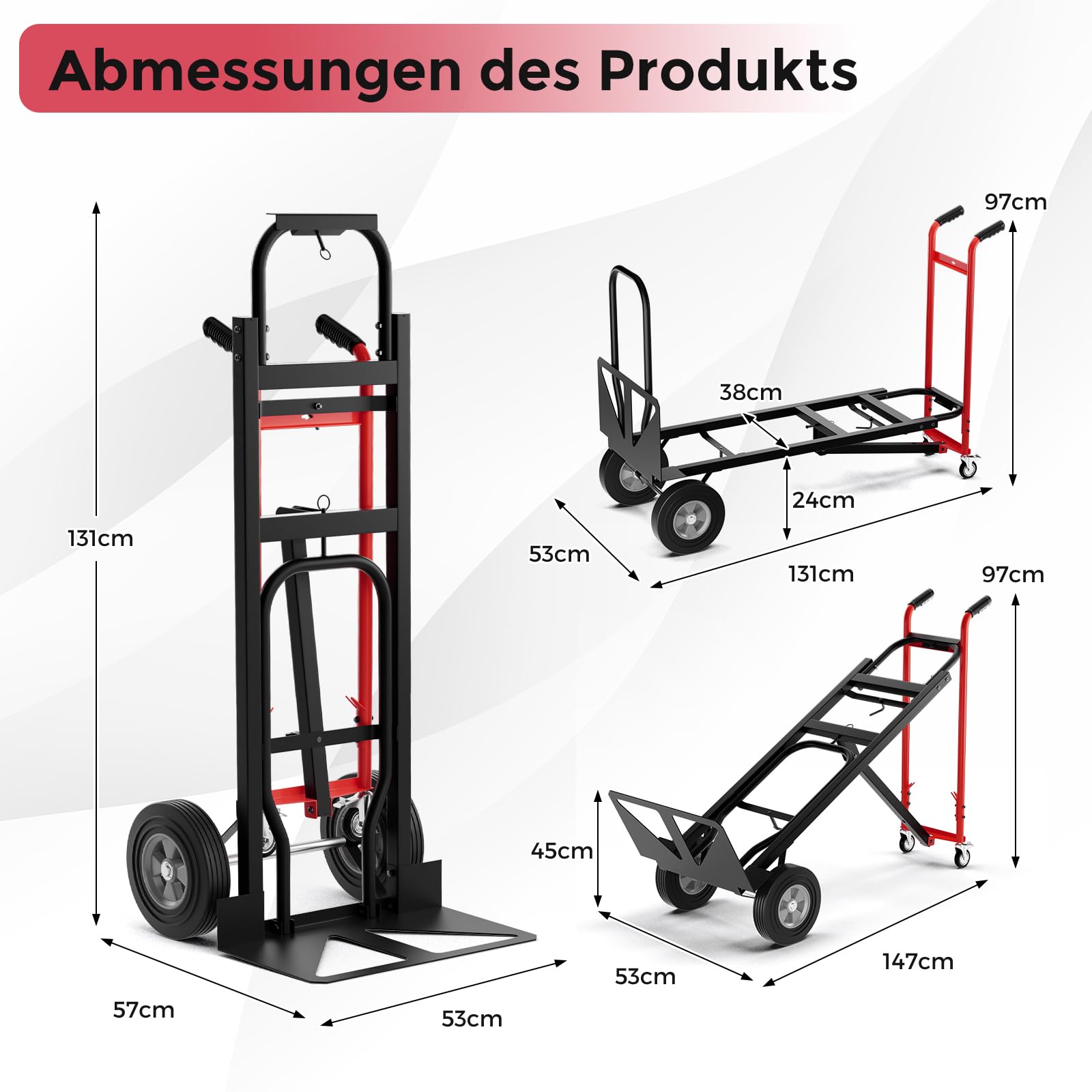COSTWAY Wózek transportowy 3 w 1, wózek transportowy z obciążeniem do 360 kg/450 kg, wózek ręczny z 4 gumowymi oponami, w zestawie linka do wiązania, powierzchnia ładunkowa 25 x 29 cm / 130 x 38 cm