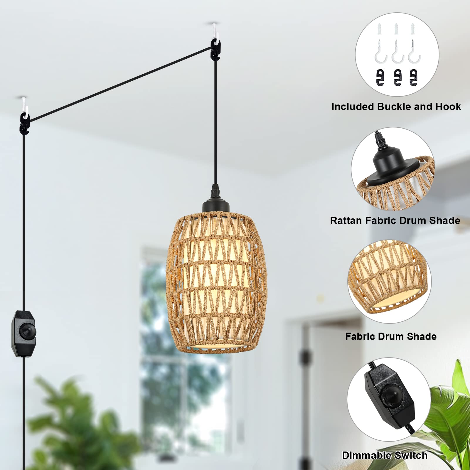 eyassi Rattan Plug in Pendant Light,Boho Chandelier Light Fixture with Fabric Drum Shade,Farmhouse Wicker Hanging Lamp with Dimming Switch,Hanging Light That Plug into Wall Outlet for Dinning Room