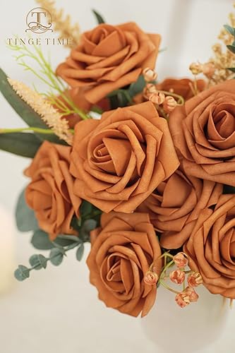 Miniatura 2 de TINGE TIME Flores de naranja quemado, flores falsas para decoración de rosas con tallo, 25 flores artificiales de rosas para ramos de boda, centros