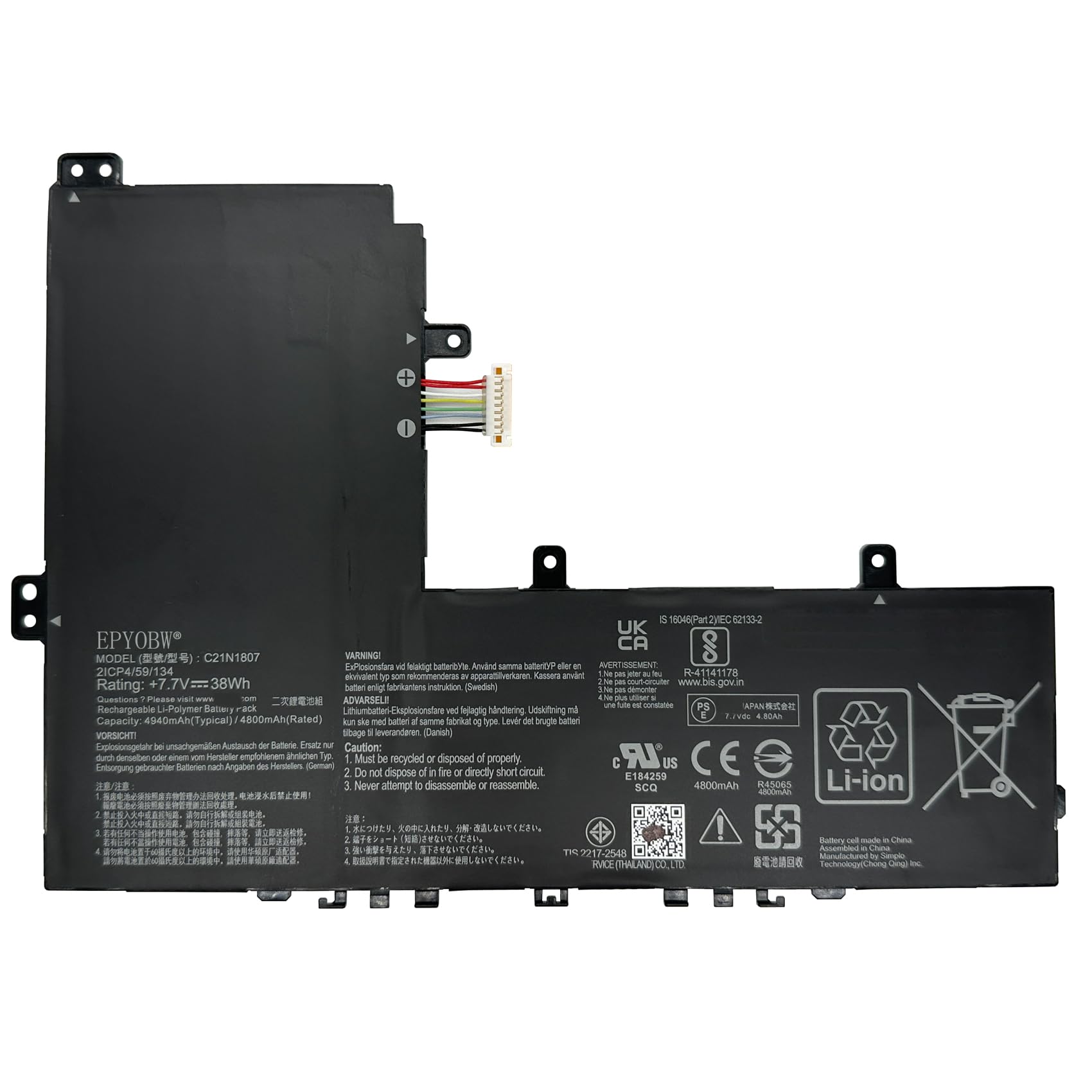 EPYOBW C21N1807 Laptop Battery 38Wh 4940mAh 7.7V Compatible with Asus C223NA / ChromeBook C223NA-DH02 / VivoBook E12 E203NA-FD020TS Series C21PiCH