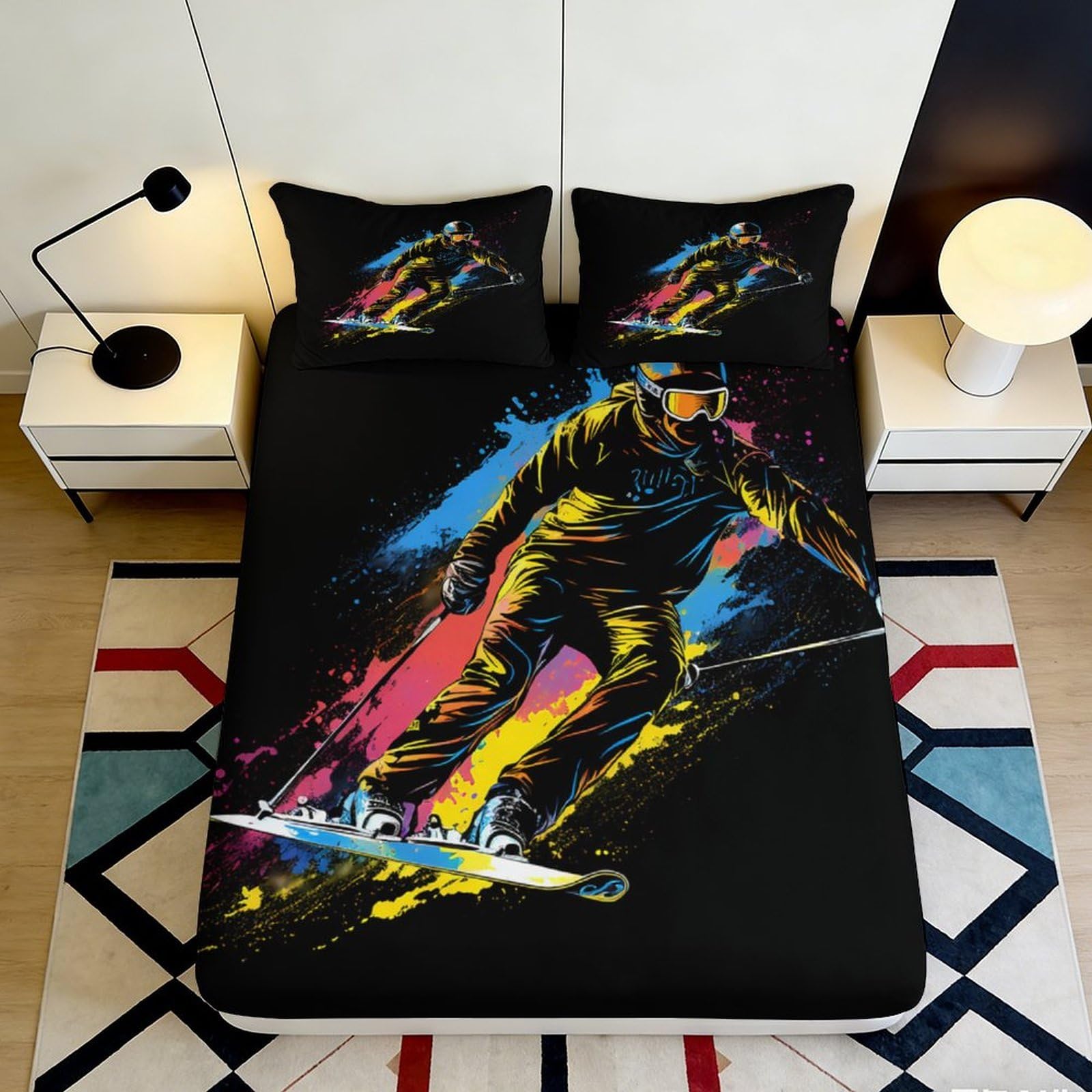 3D Printed Skiing Athlete Fitted Sheet Microfiber Color Splash Bed Cover for Bedroom Dorm Mattress Decor 160x200x25cm