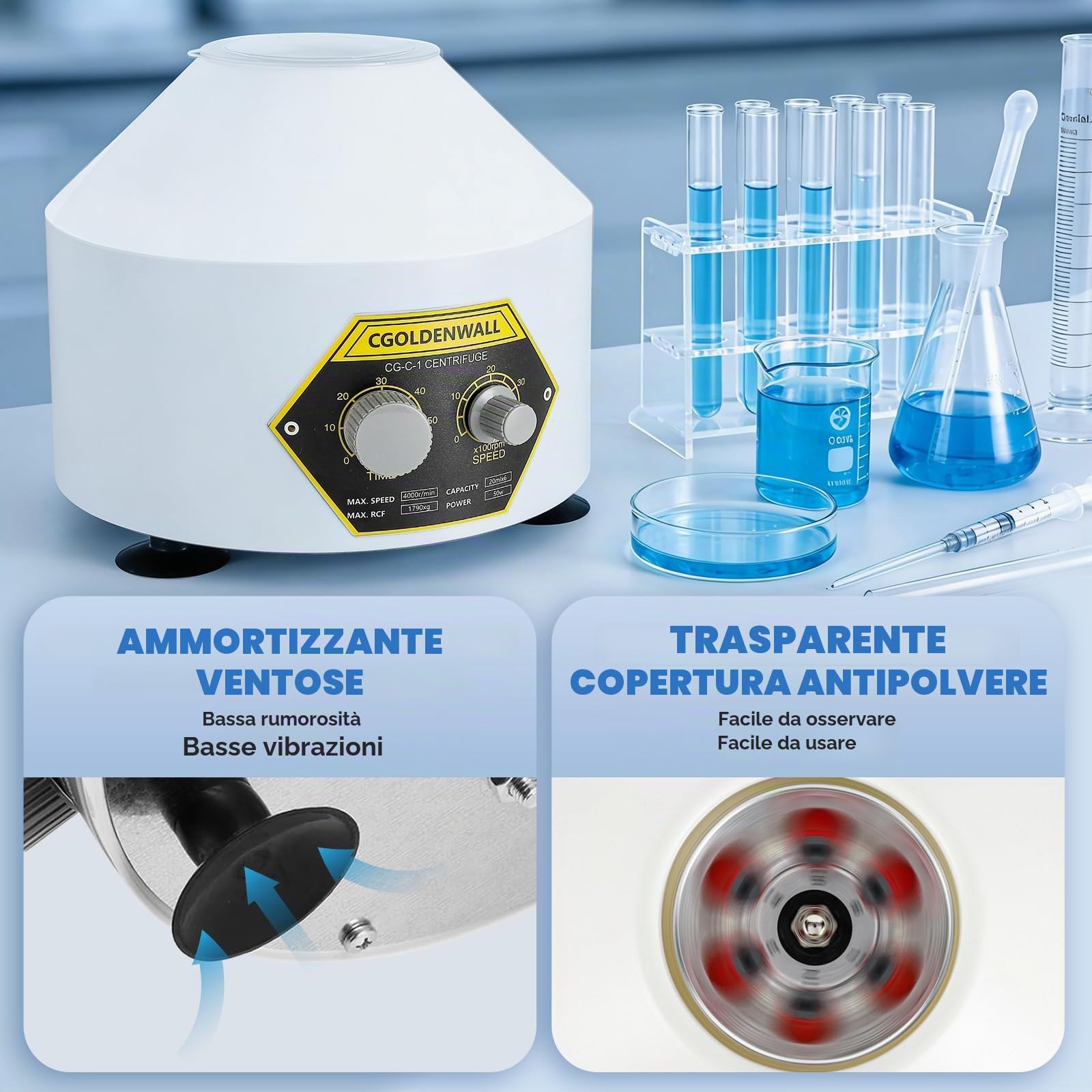 CGOLDENWALL Centrifuga da Laboratorio Elettrica al Plasma da 20ml*6 Capacità Provetta da Centrifuga Forza Centrifuga Relativa Massima 1790xg Velocità Massima 4000rpm Timer 0-60 Min