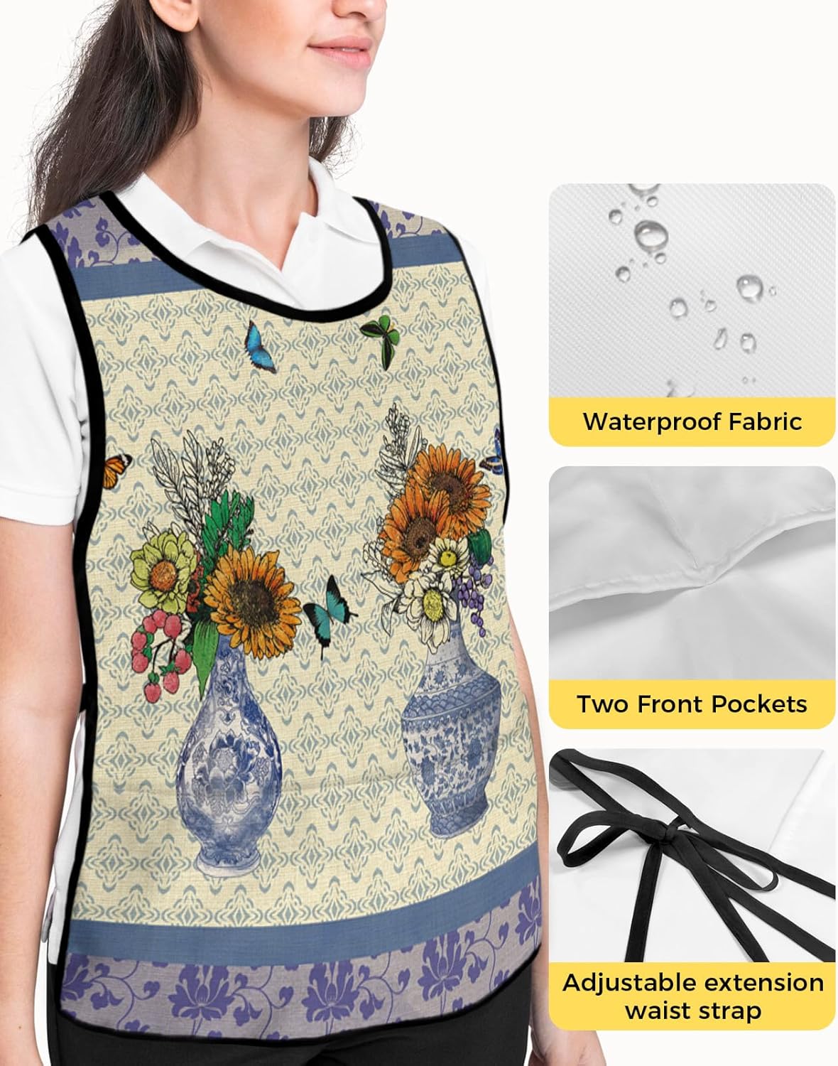 Sunflower Butterflies Cobbler Aprons with 2 Pockets for Women Men, Fashionable Printed Unisex Bib Waterproof Cleaning Smock Vest for Chef Kitchen Vintage Blue Porcelain Tile 2 Packs, 20''x 31.5''