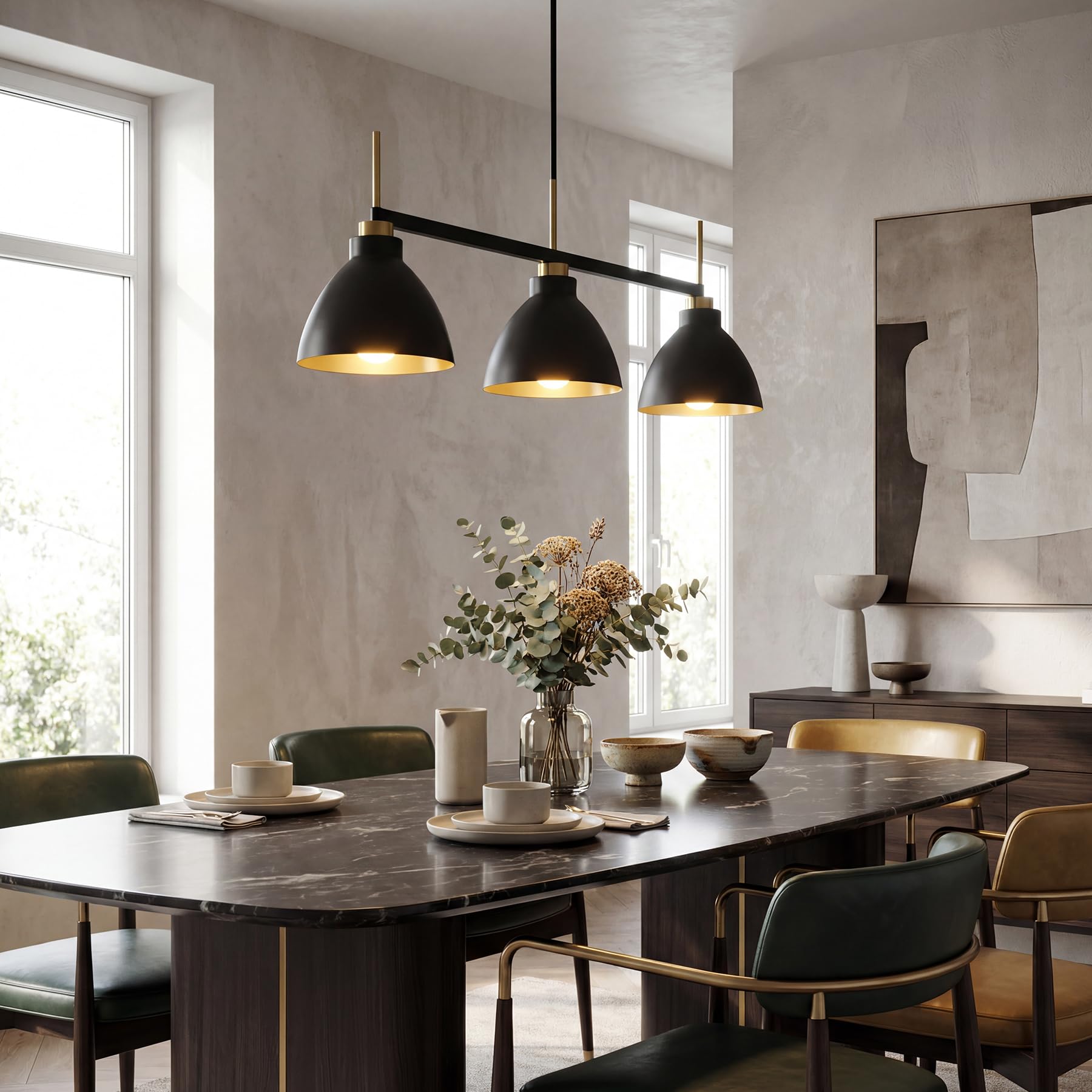 Tribesigns Lampada a sospensione vintage con 3 luci, lampada a sospensione industriale nera e dorata con aste regolabili per sala da pranzo, cucina e soggiorno (attacco E27, lampadina non inclusa)