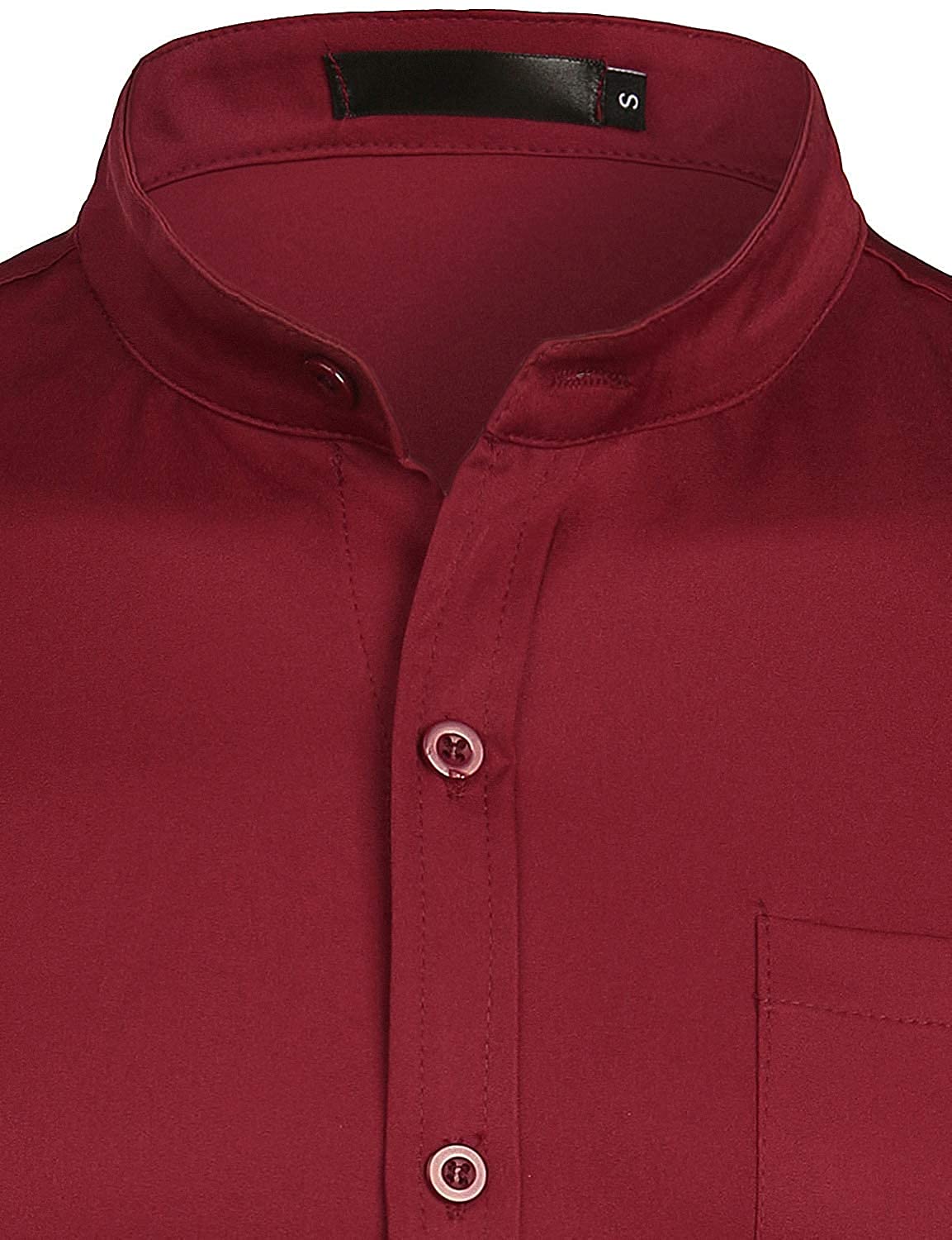 PARKLEES Herren Grandad-Kragen Slim Fit Langarm Casual Button Down Kleid Shirts mit Tasche
