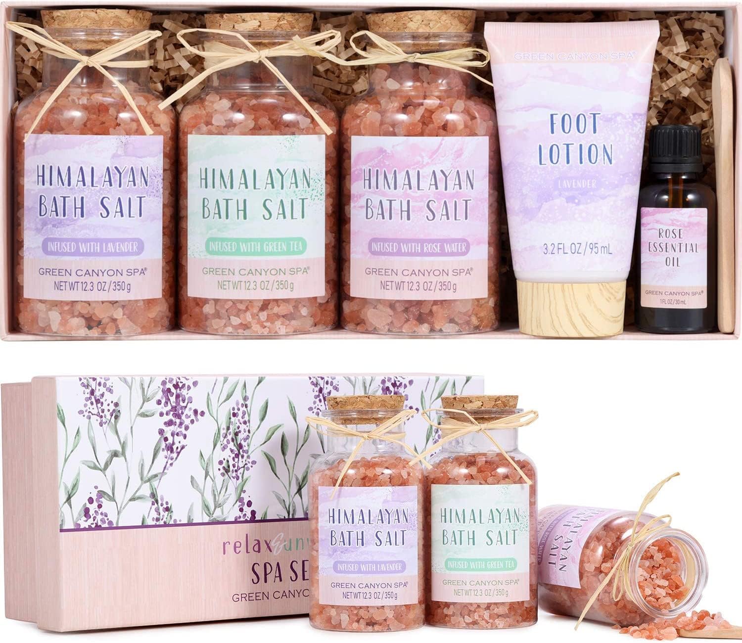 Pink Himalayan Bath Salt Gift Set - Body Foot Spa Kit with Rose Essential Oil & Moisturize Foot Lotion, Revitalize and Soothe Skin, Foot Care Spa Gift Foot Soak for Women Relaxing Christmas Gifts