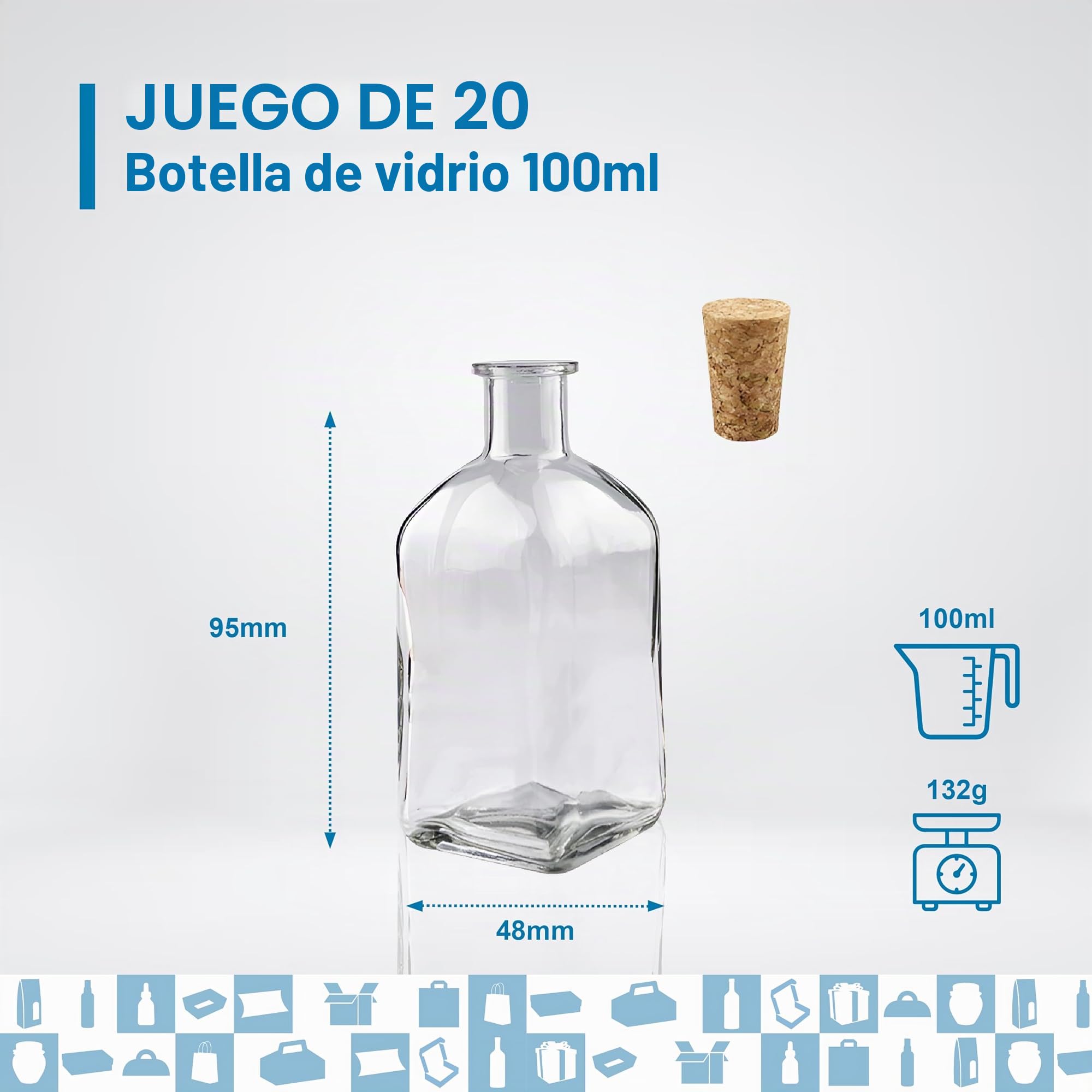 Espirito Rebelde 20 Botellas de Vidrio 100 ml con Tapón de Corcho – Botellas Cuadradas para Licor, Whisky, Ron y Vino