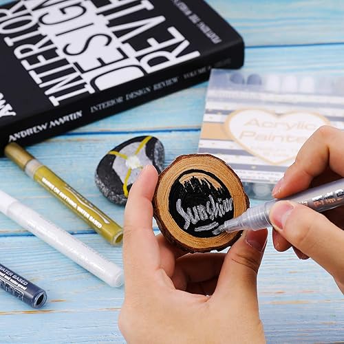 Miniatura 4 de Sunshilor Bolígrafos de pintura acrílica, negro, blanco, dorado, plateado, marcadores de pintura acrílica de punta media para madera, roca,