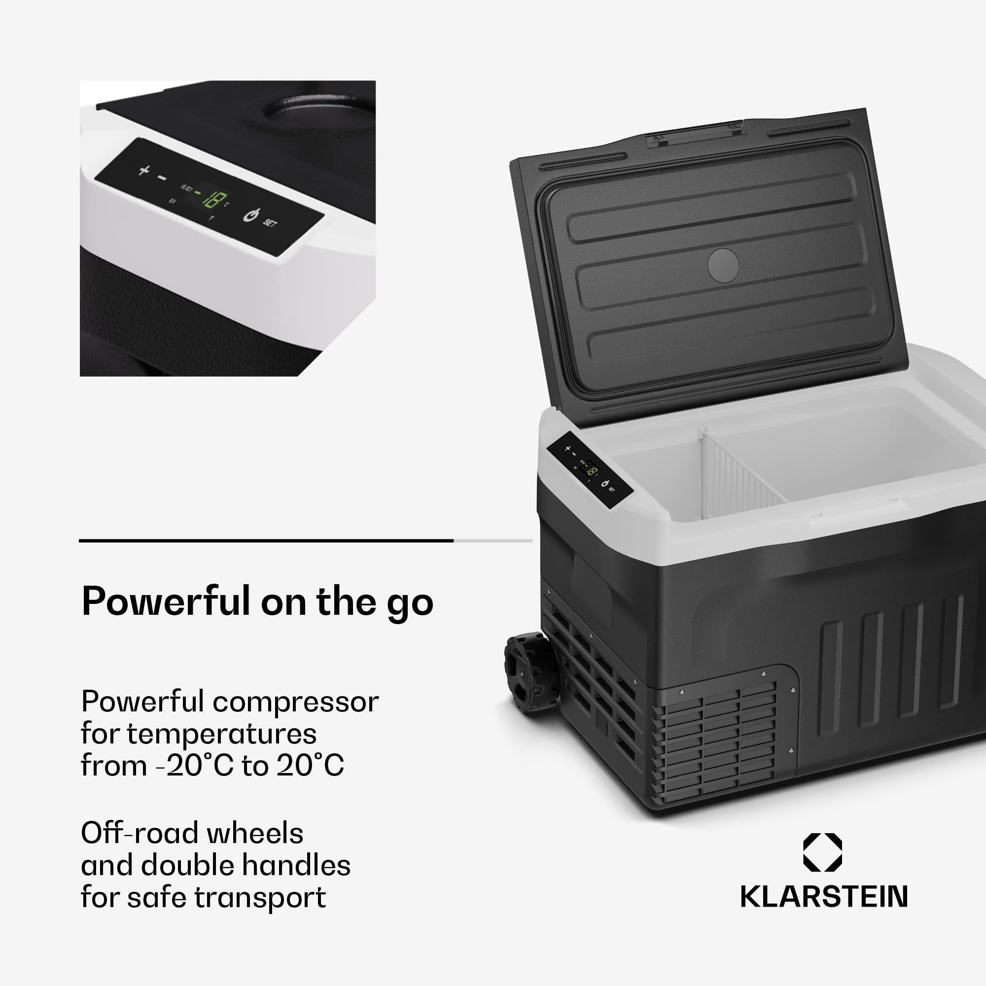 Klarstein PolarForce 30-Liter- Kühlbox – Tragbare elektrische Kompressor-Kühlbox mit LCD-Bedienfeld, -20°C bis 20°C, Dual Power (12V/230V), ECO-Modus, Ideal für Camping und Road-Trips, Gefrierbox