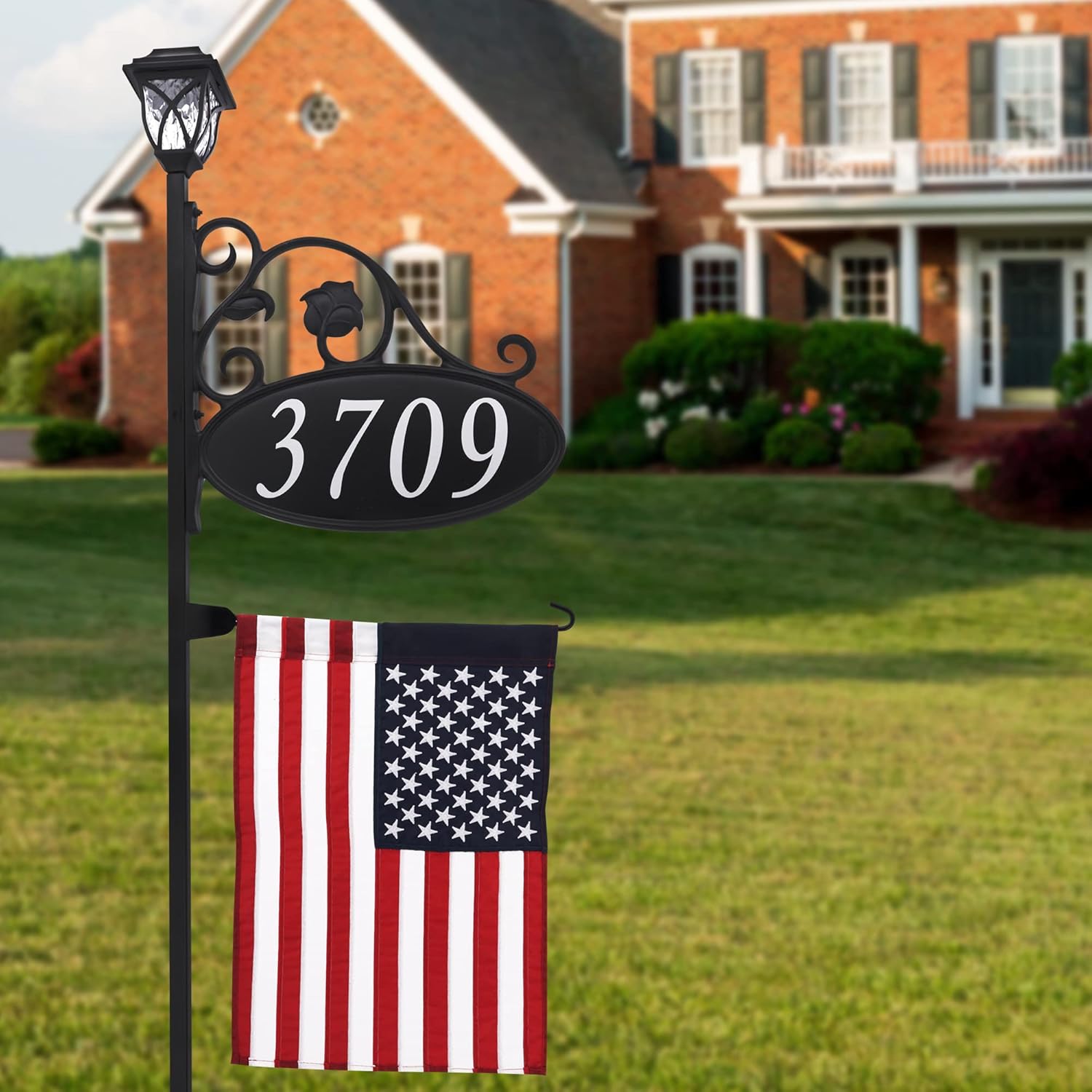 Address America USA Handcrafted Park Place Reflective Address Sign with Decorative American Flag and Solar Light - 47" Pole