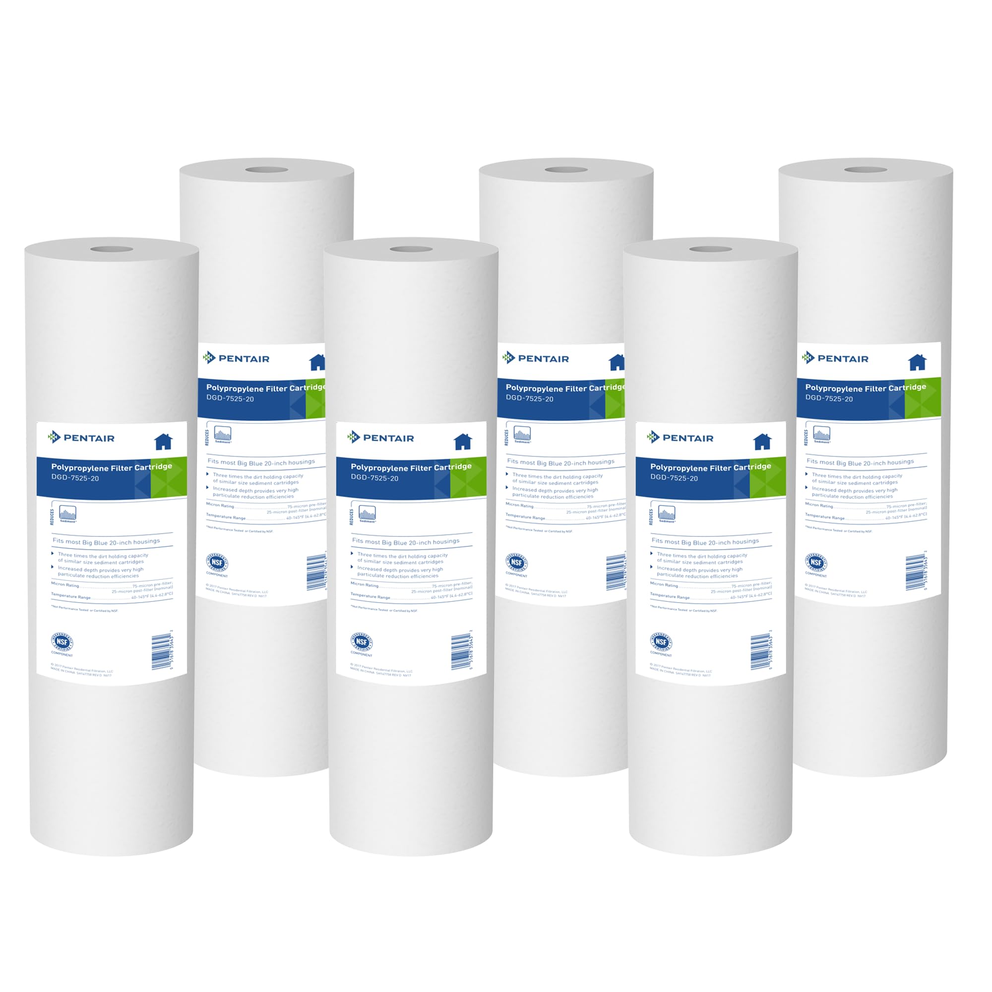 Pentek Pentair DGD 7525 20 Big Blue Water Filter, 20 Inch Whole House Sediment Filter Cartridge Replacement, Dual Gradient Density Spun Polypropylene, 20" x 4.5", 25 Micron, Pack of 6
