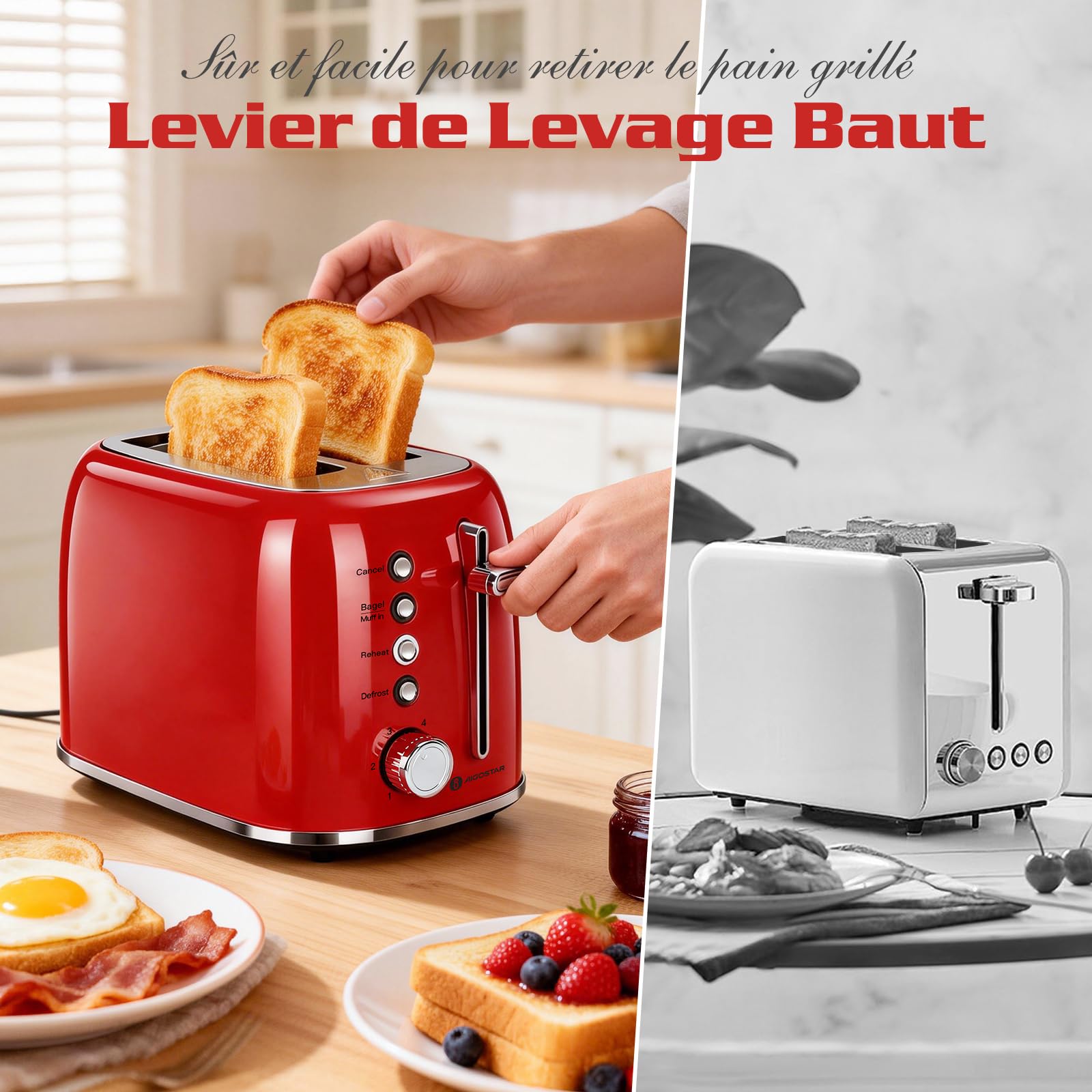 Aigostar Grille Pain, 2 Fentes Extra-Larges, Vintage Inox Rouge, Fonction Bagel/Décongélation/Réchauffage/Annulation, 6 Niveaux de Dorage, Tiroir Ramasse-Miettes Amovible, 800W