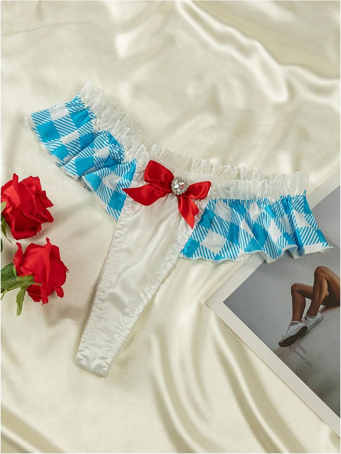 SHENHE Women's Satin Bikini Underwear Bow Front Ruffled Mesh Frilly Panty - Image 5