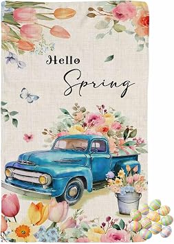 Easter Kitchen Towels Blue Truck Hand Towels Hello Spring Flowers Seasonal Spring Decoration Dish Towel Soft Absorbent Quick Drying Dish Cloths 18x28 Inch