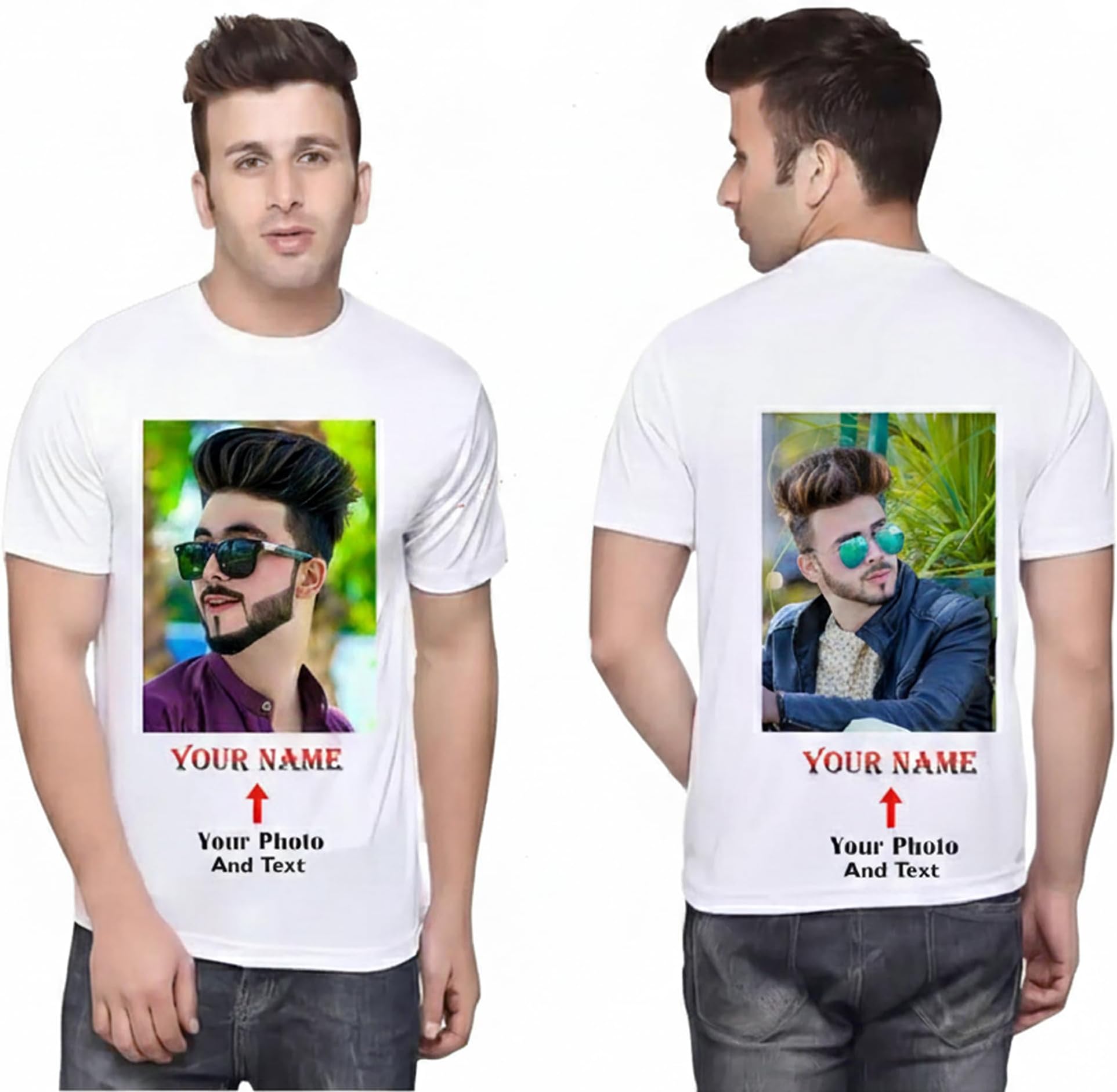 Customized Photo Printed T-Shirt for Men, Front and Back Personalised Image with Name, Half Sleeve Round Neck Dry Fit White T-Shirt, Unique Gift for Birthday and Special Occasion