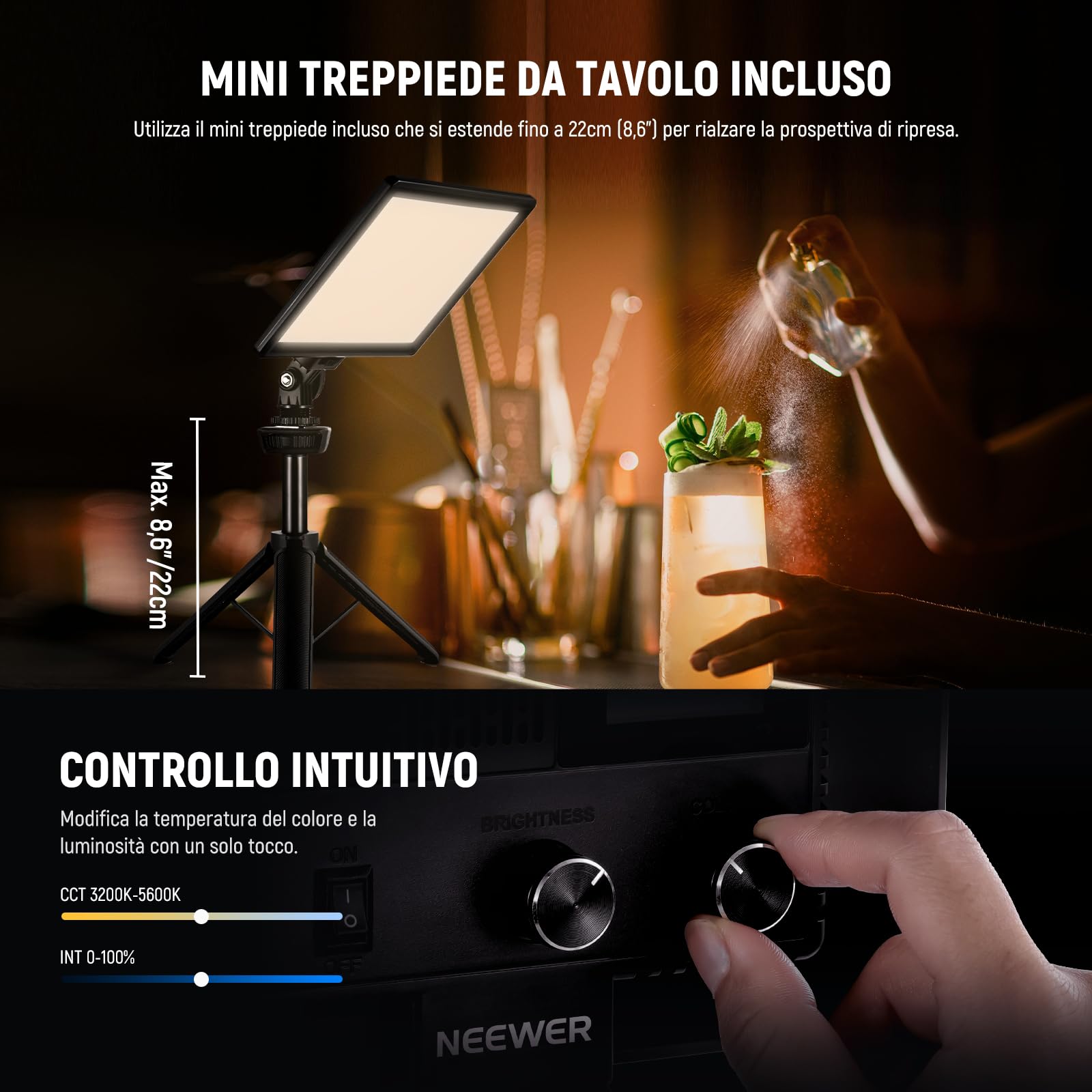 Luce LED A Braccio Regolabile Per Fotocamera DSLR – Dimmerabile, Con Batteria USB Ricaricabile