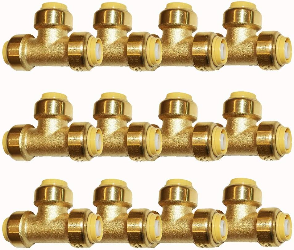 HQMPC 3/4" Pex Tee Push Fit Plumbing Fitting, Push-to-Connect, Brass, 12 Pack