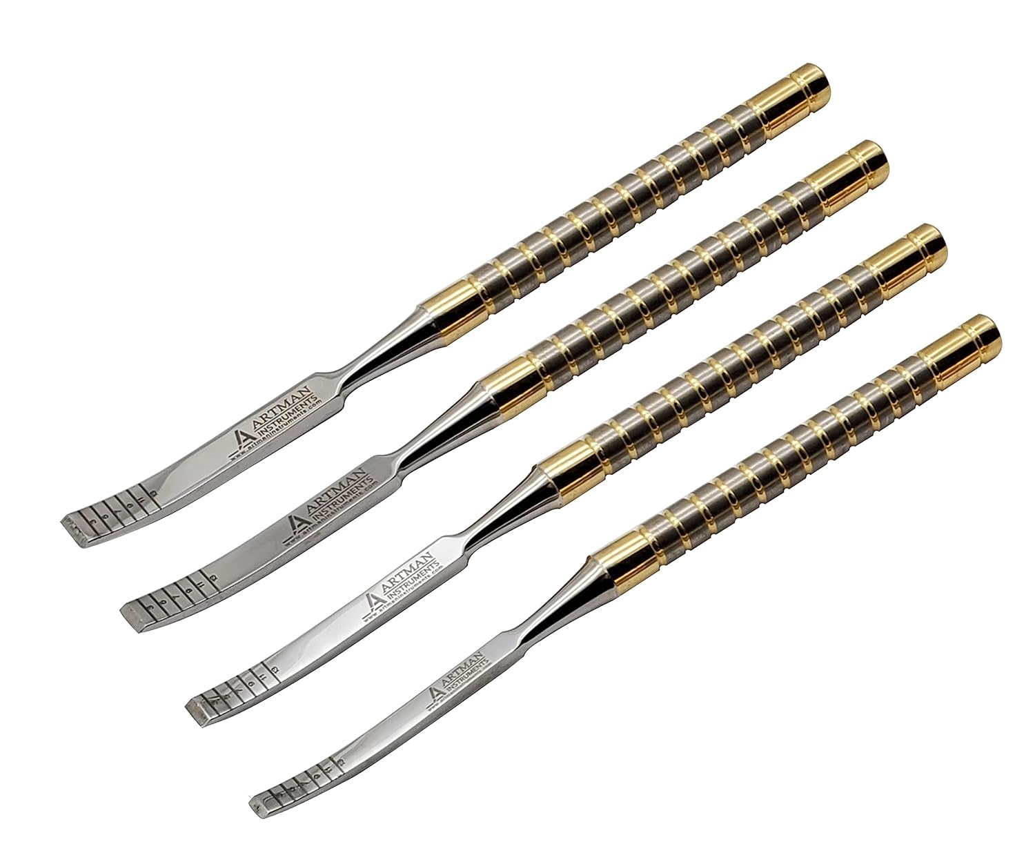 Surgical Bone Chisels Curved Set 4 Sizes of 4mm, 4.5mm, 7mm & 7.5mm Wide 50mm Blade for Bone Ridge Splitting Dental Implant Placement Surgical Orthopedic Procedures