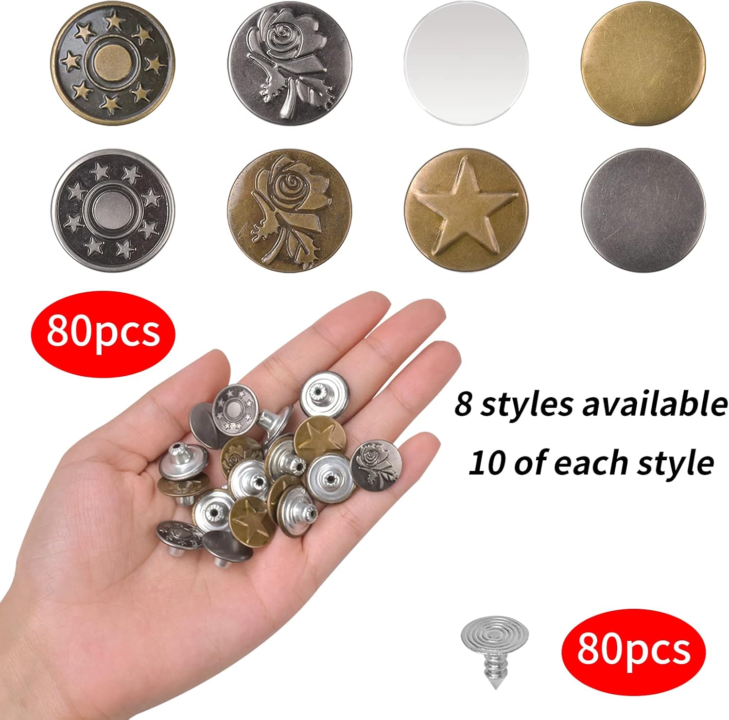 80 Sets Eight Styles Jeans Buttons Adjustable Metal Clips Snap Tack