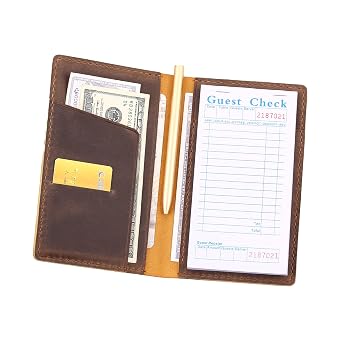 كتب الخادم للنادلة ، مطعم Leather Restaurant Guest Check Presenters حامل البطاقة للنادلة ، منظم Waitstaff للمطعم مع Money Pocket ، ملحقات Waiter Fit Server Apron-brown
