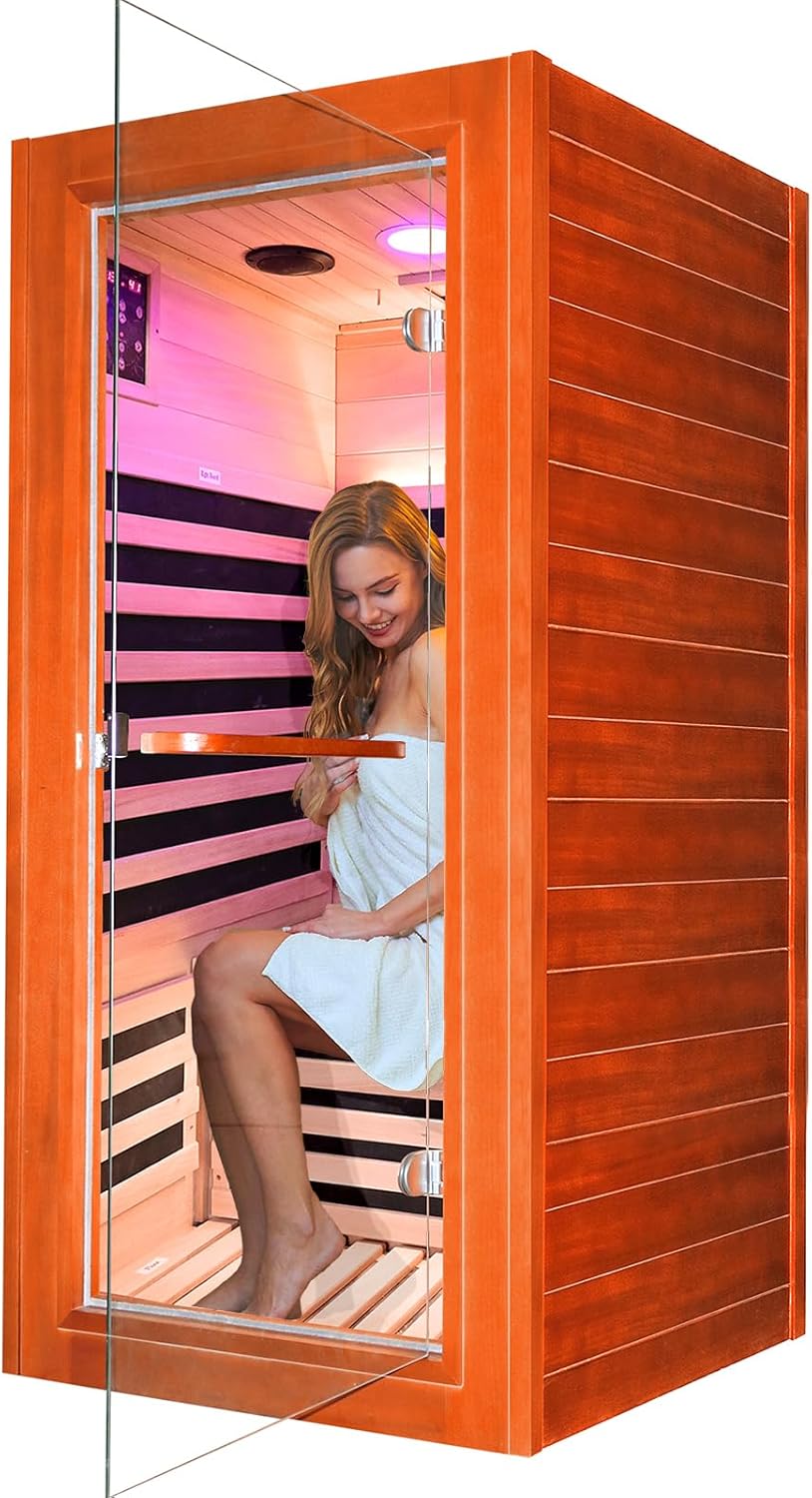 Infrared Sauna for Home Indoor Sauna Wooden Dry Sauna Room Low EMF for 1 Person with Control Panel, Bluetooth Speaker, Reading Lamp