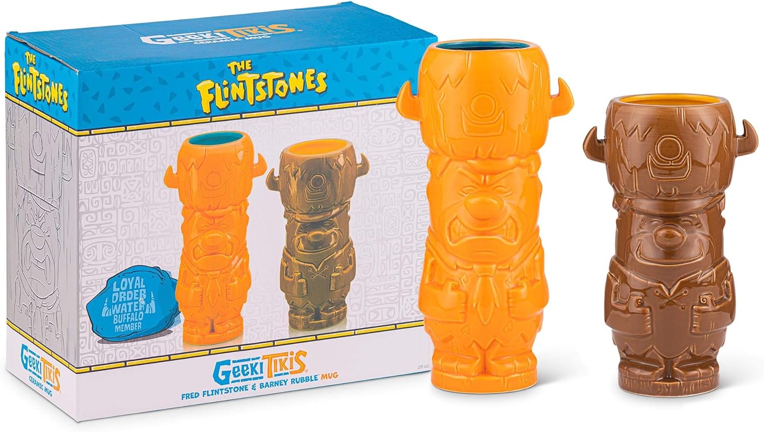 Geeki Tikis The Flintstones Tiki Mug Set | Fred Flintstone & Barney Rubble Tiki Mugs | Official Flintstones Collectible Tiki Style Ceramic Cups | Each Mug Holds 28 Ounces