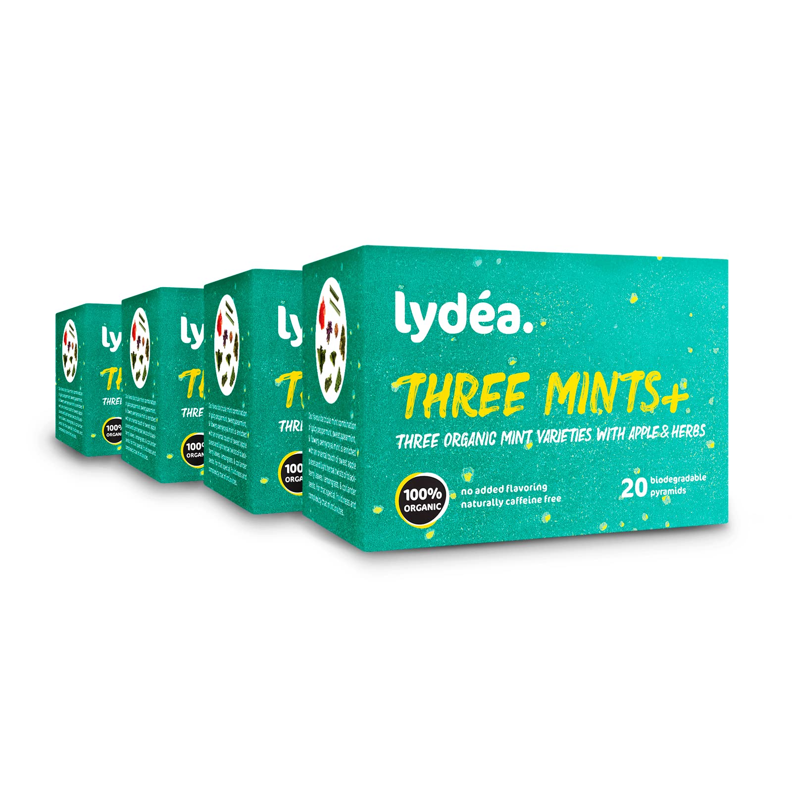 Lydea Three Mints+, Organic Herbal Tea with Three Mint Varieties, Apple, & Herbs, 60 Pyramids, 3 Pack [3 x 20 Pyramids]