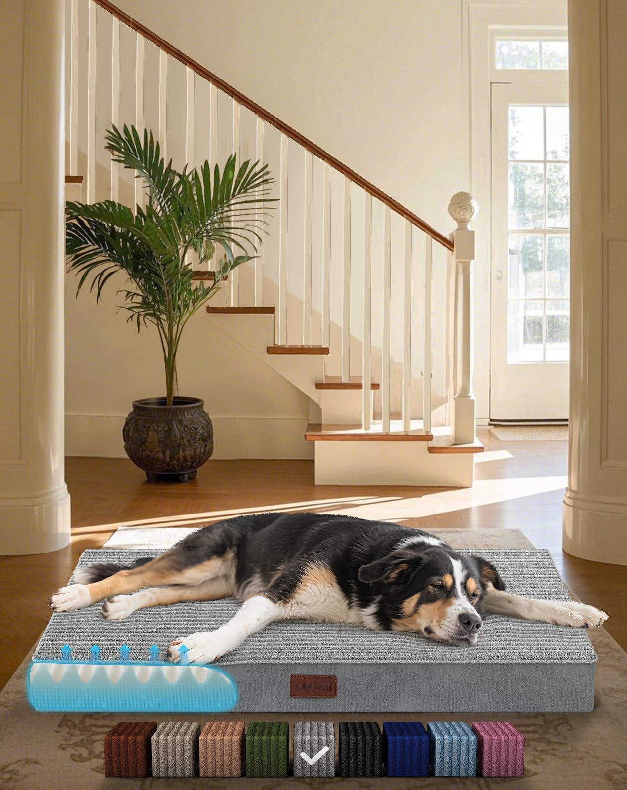 OhGeni Orthopedic Waterproof & Machine Washable Dog Bed for Medium Large Pets, Suitable for Crates, 25D Egg Crate Foam, Non-Slip Bottom & Removable Cover, 35 Inches(Gray)