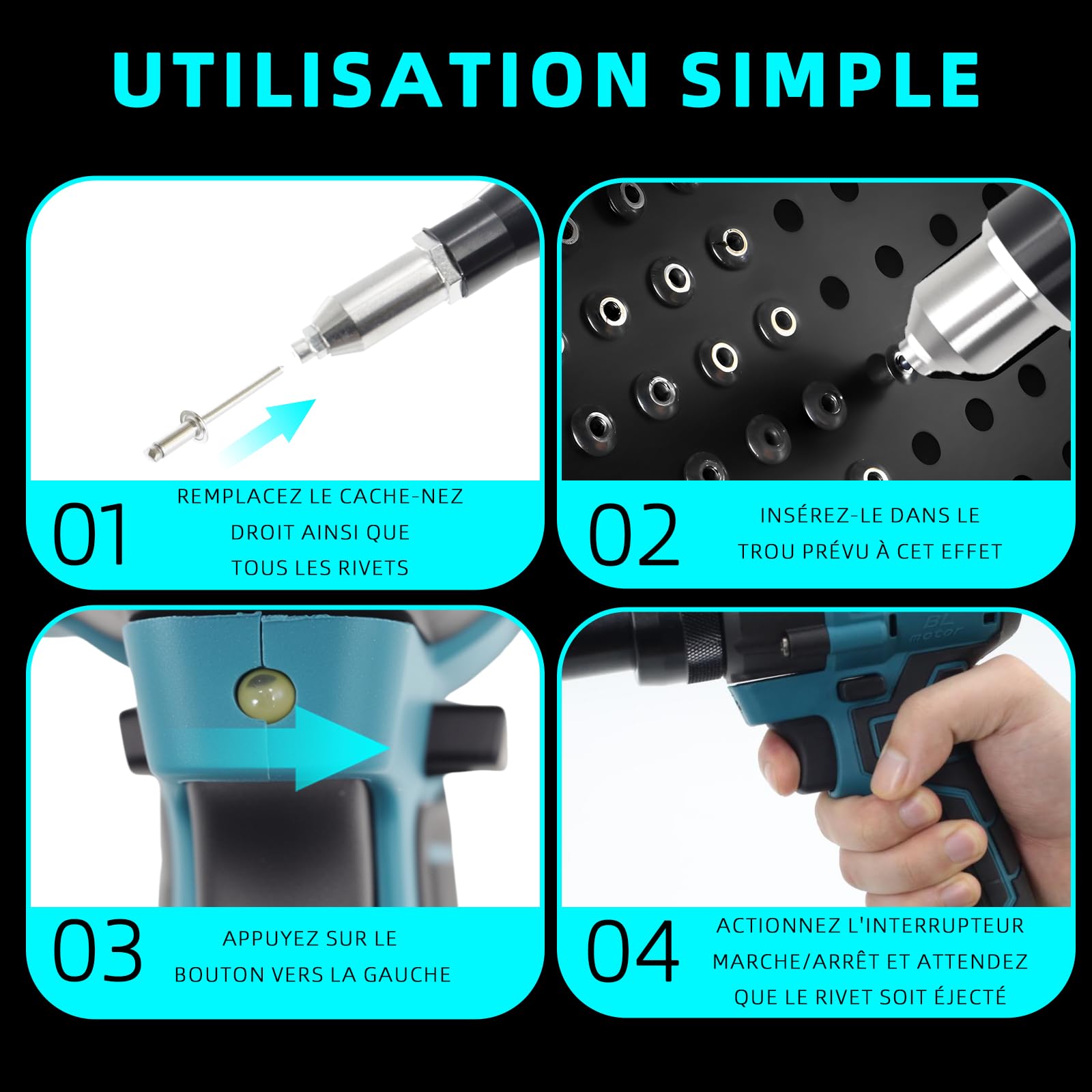 Pince à riveter sans balais avec lumière LED, compatible avec les batteries Makita Li-Ion 18 V, idéale pour les chantiers, les réparations automobiles et le bricolage, sans batterie