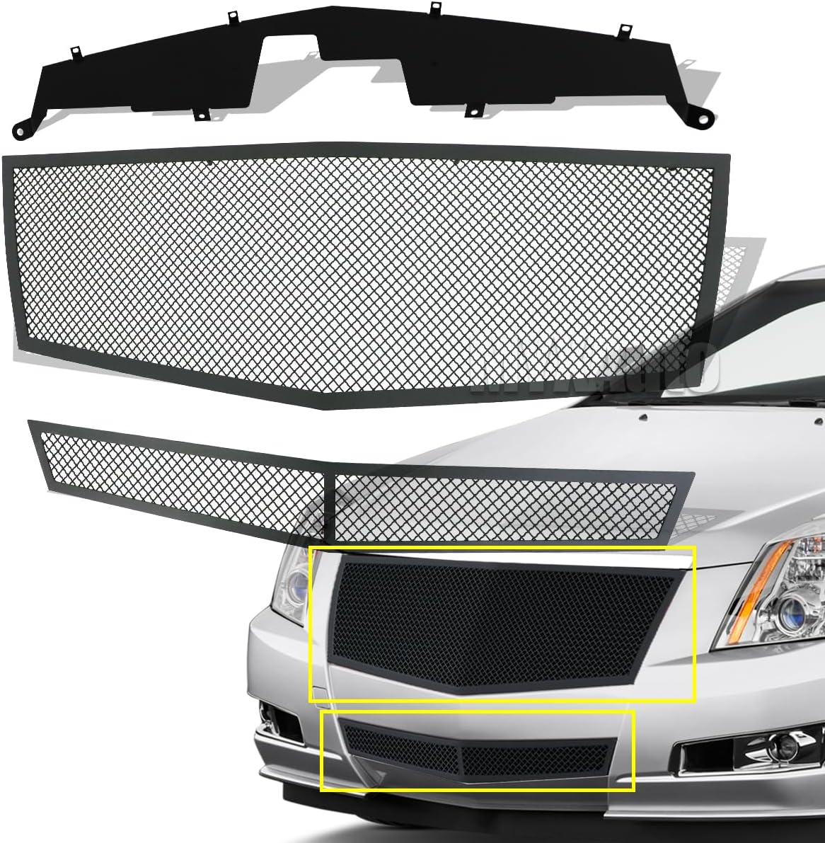 Front Grille Grill Compatible with Cadillac CTS 2008-2013 & 11-14 CTS Coupe Stainless Steel Chrome Mesh Grille Insert Combo (Not For CTS-V Coupe, Not for Adaptive Cruise Control) (Mirror polished)