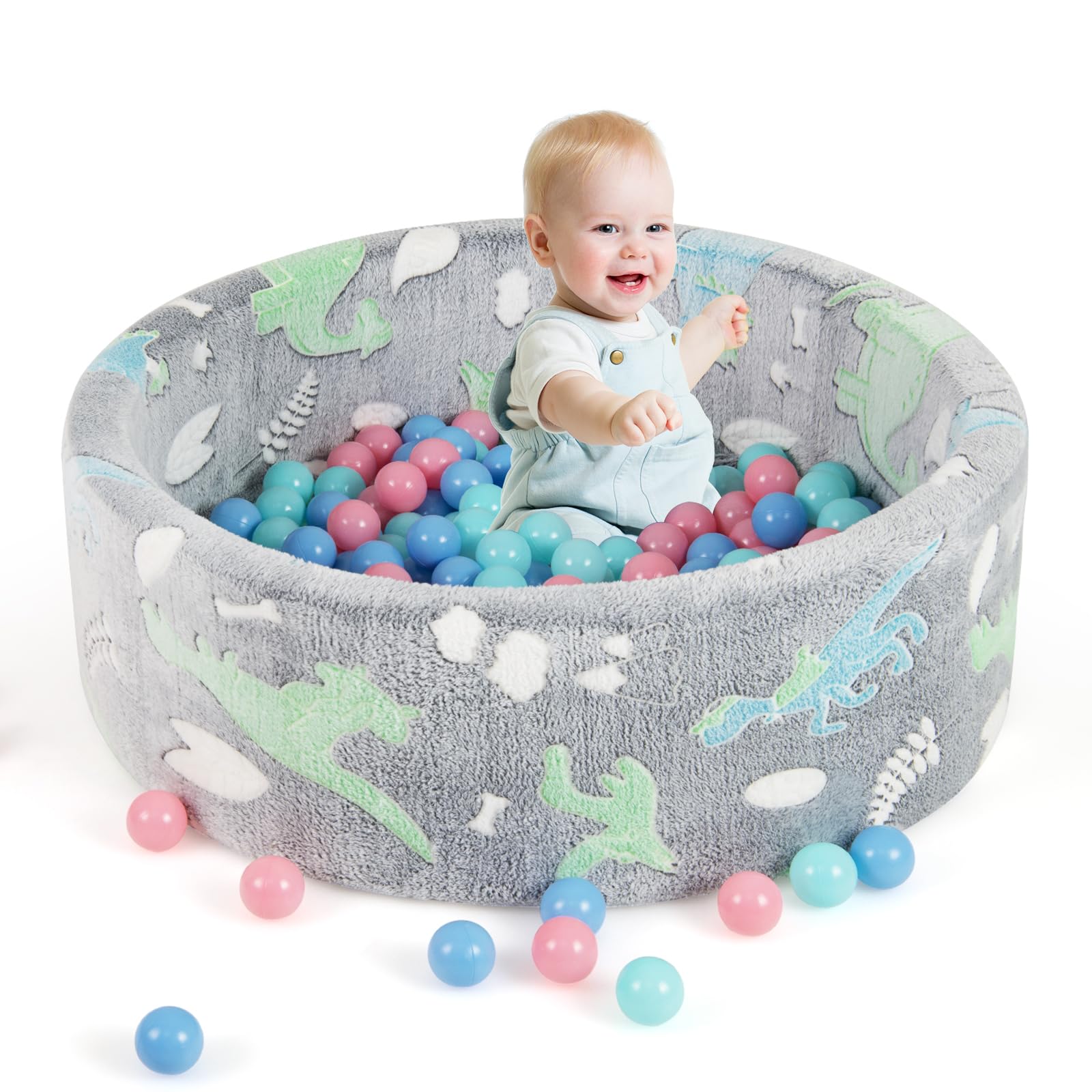 DREAMADE Bällebad Baby, 86 X 30cm Bällepool mit leuchtenden Mustern & 200 bunten Bällen, Bällegrube aus Flanellstoff & Schaumstoff mit abnehmbarem Bezug, für Kinder ab 1 Jahr (Grau)
