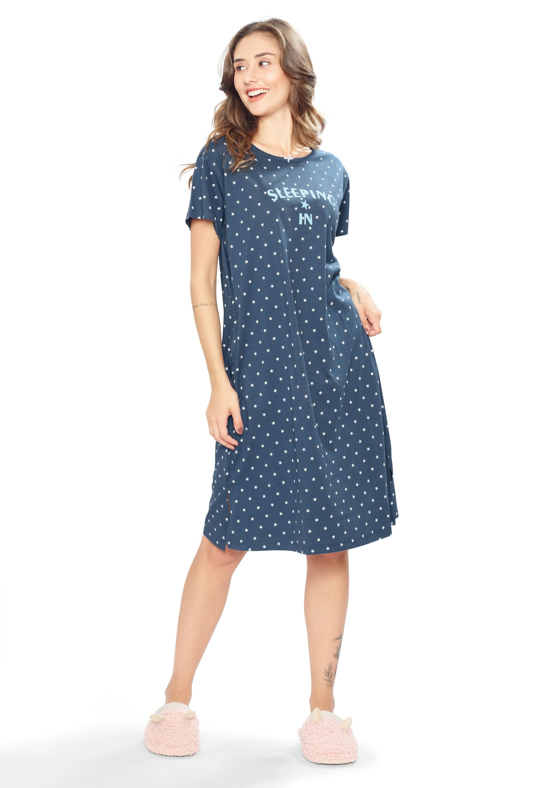 weet Women's Cotton Star Printed Knee Length Night Dress-picture-29