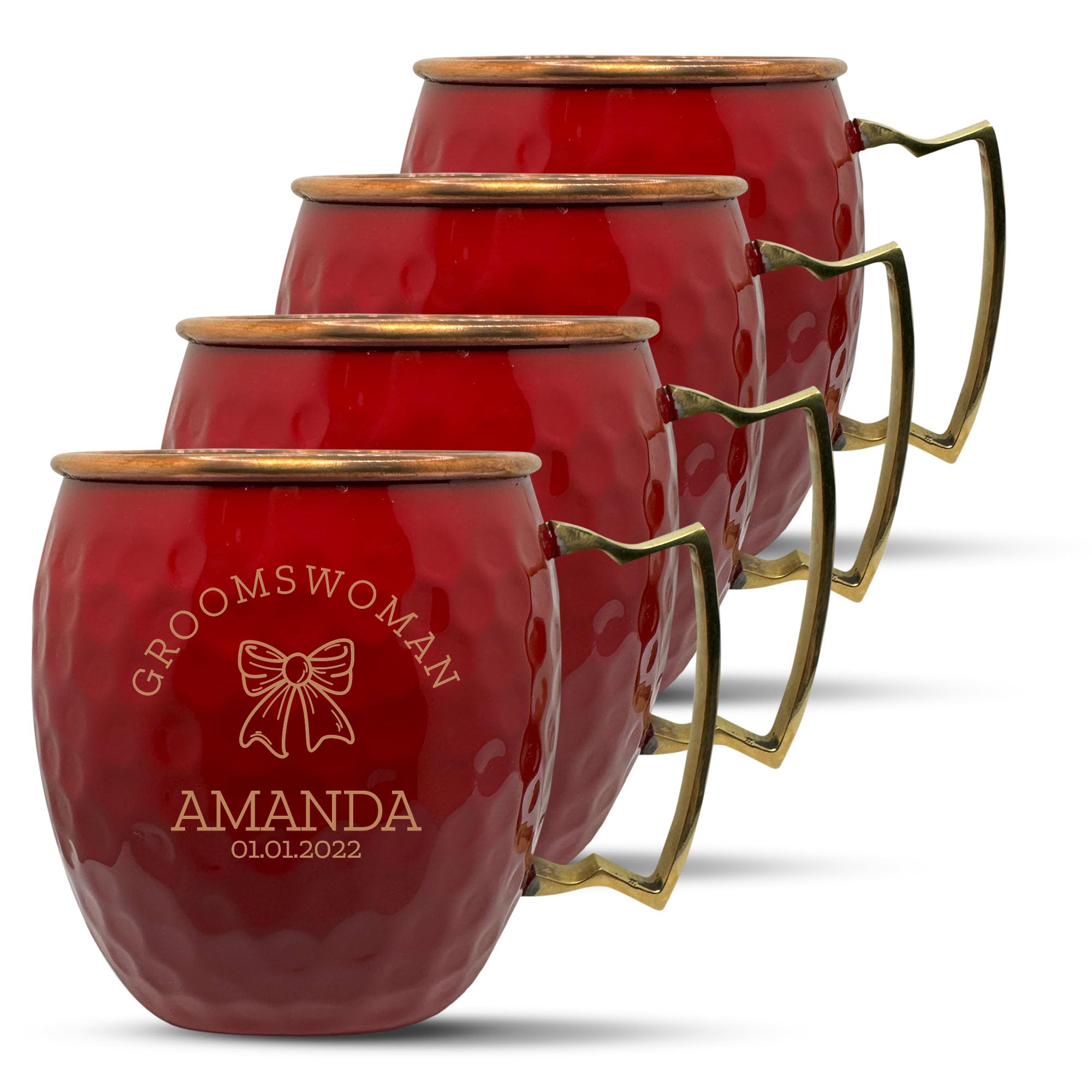 Custom 100% Copper Moscow Mule with Hammered Painted Finish - Engraved Bar Style Cup with Personalized Groomswomen with Ribbon Themed Engraving, Brass Handle | 18 oz, Red | Set of 4