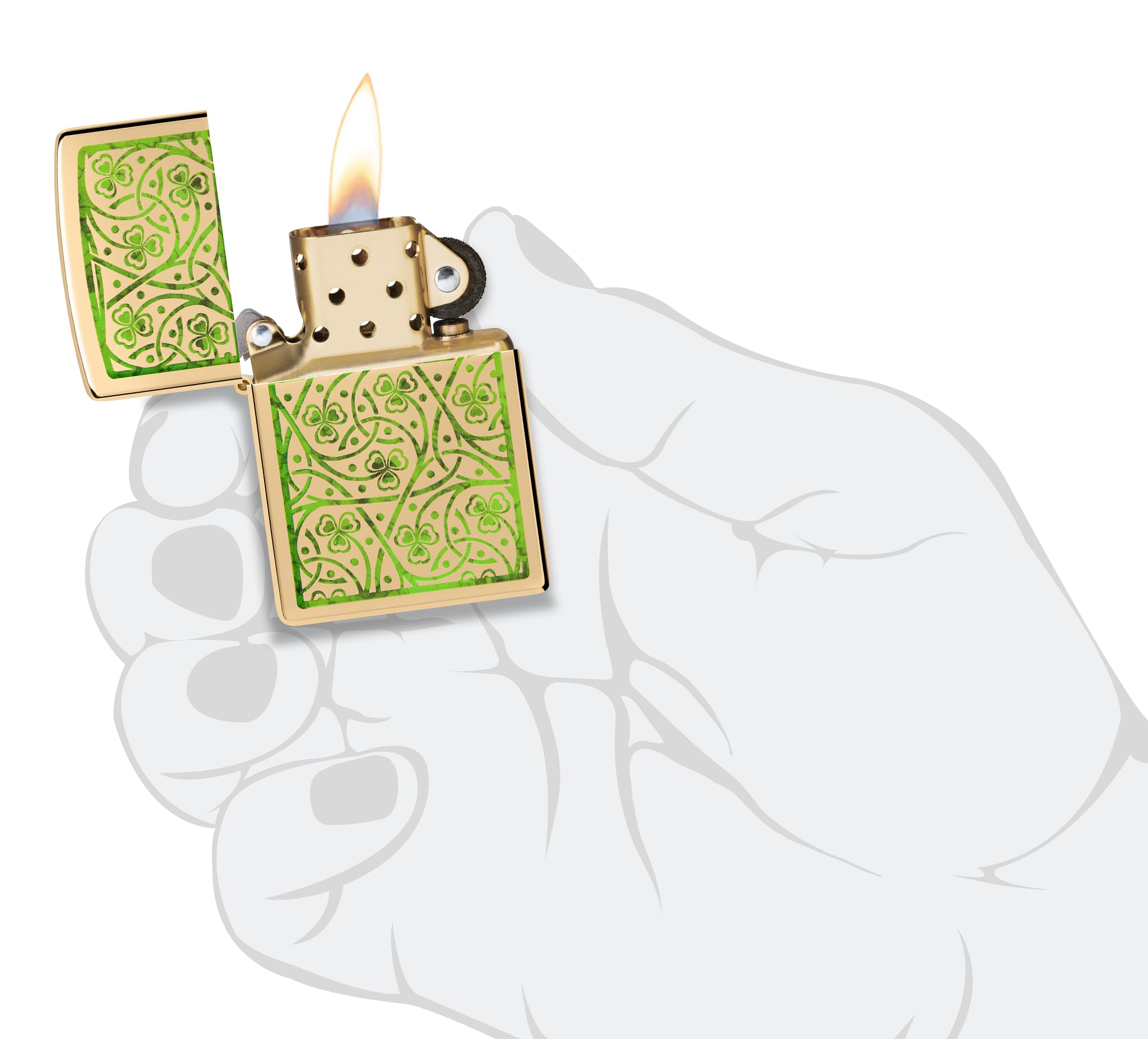 Zippo Clover Leaves Zapalniczka Sztormowa, do Napełniania, Wielokrotnego Użytku, Wiatroodporna Konstrukcja, Pudełko na Prezent, Wykonano w USA, Mosiądz z optymalnym Połyskiem (High Polish Brass)