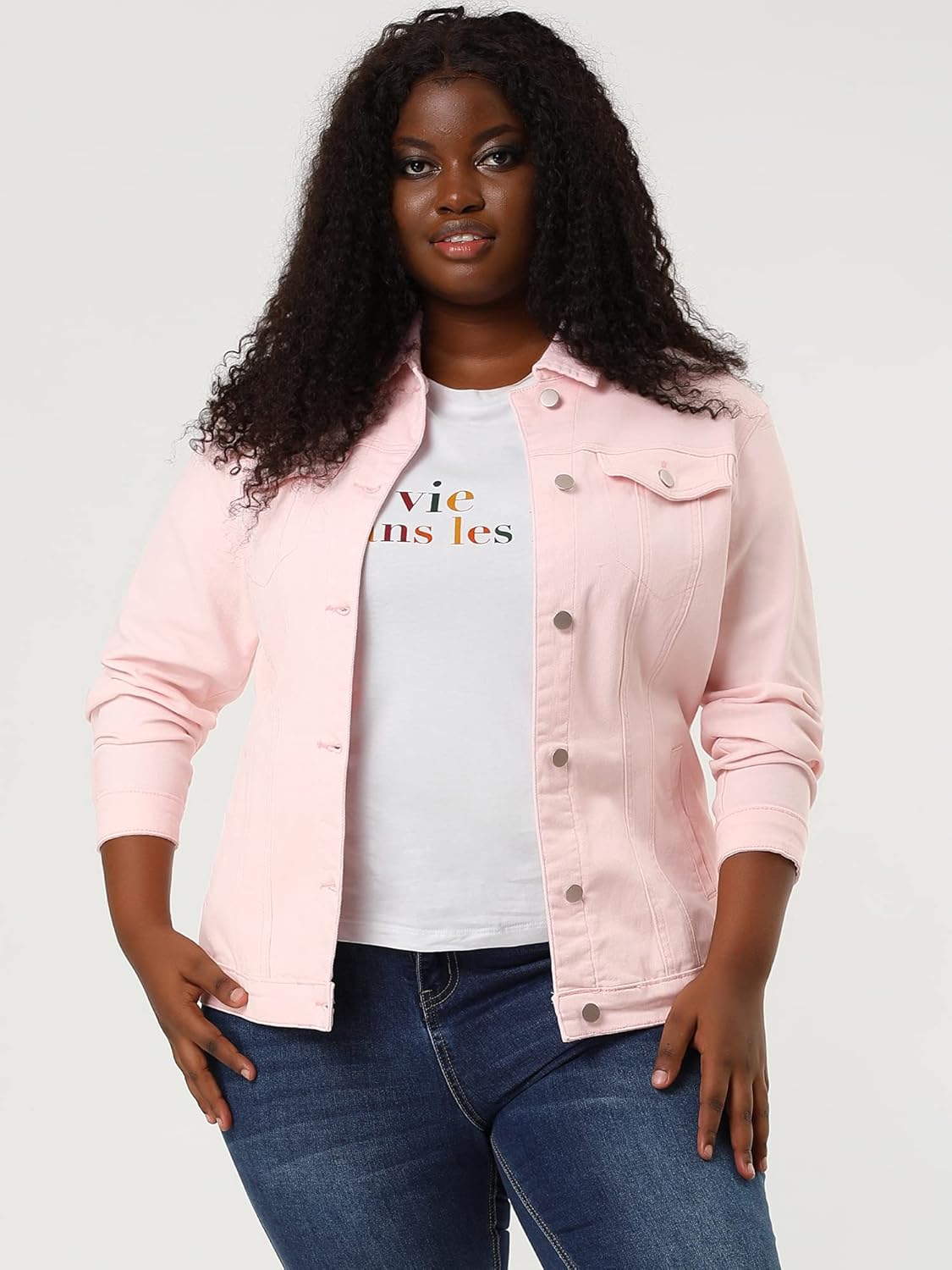 uxcell Women's Plus Size Jean Jacket Stitching Button Front Washed Western Outfit Denim Jacket - Image 3