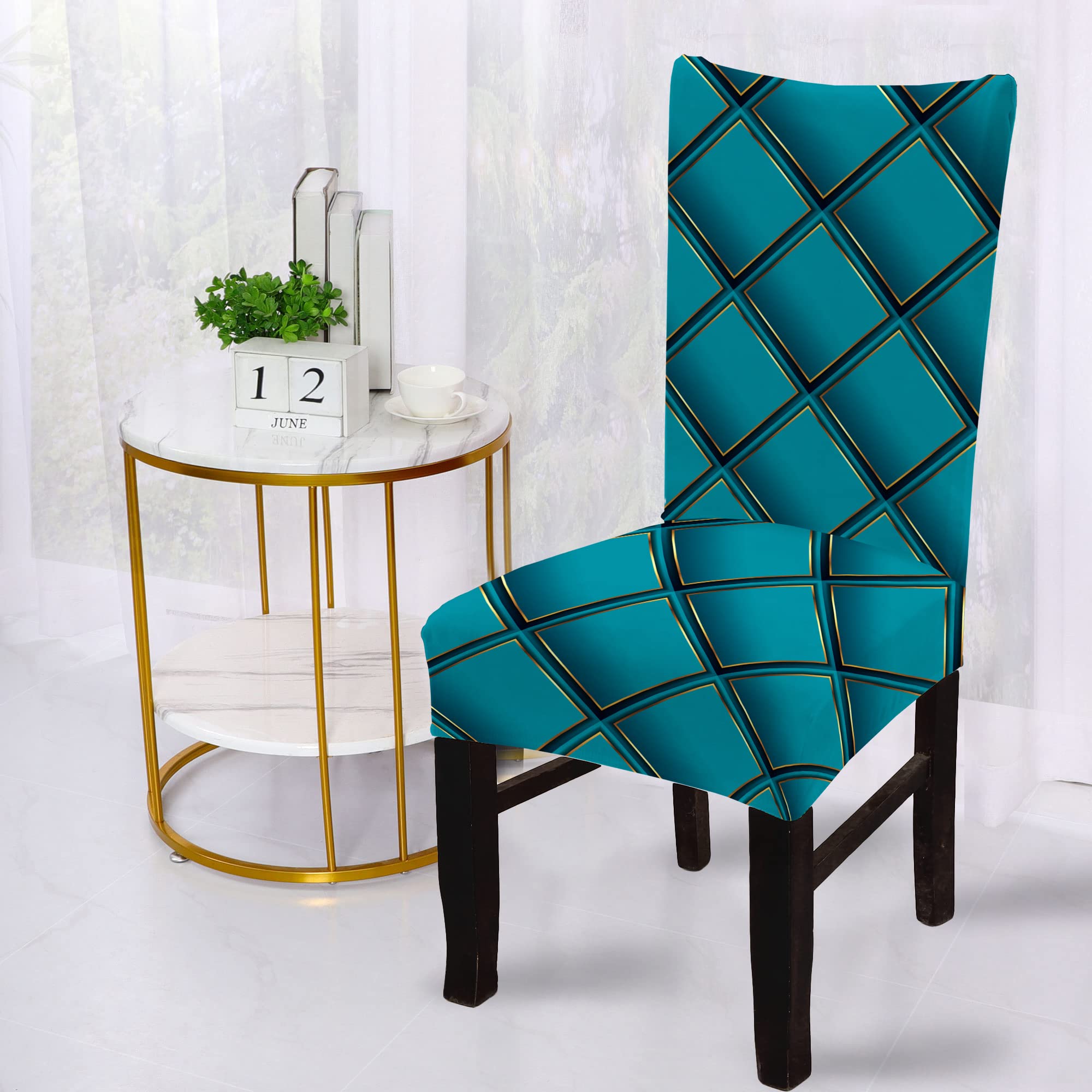BRIDA® Stretchable Floral Geometric Printed Dining Chair Covers Elastic Chair Seat Case Protector, Slipcovers (1 Chair Cover, Teal Geometric)