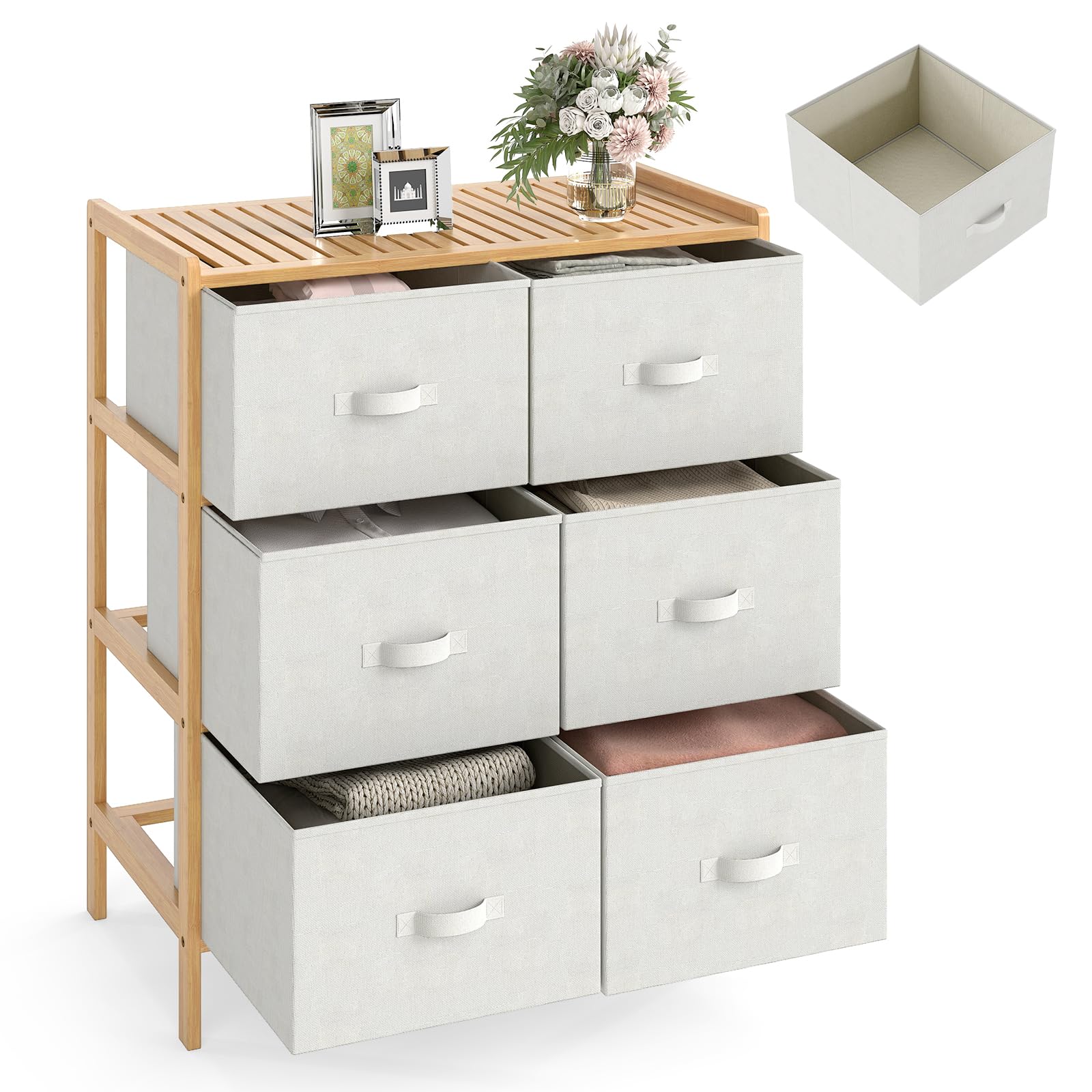 KOMFOTTEU Cassettiera con 6 cassetti pieghevoli in tessuto, cassettiera in bambù a 3 livelli, mobile organizer con dispositivo antiribaltamento, armadio di stoccaggio per camera da letto, soggiorno