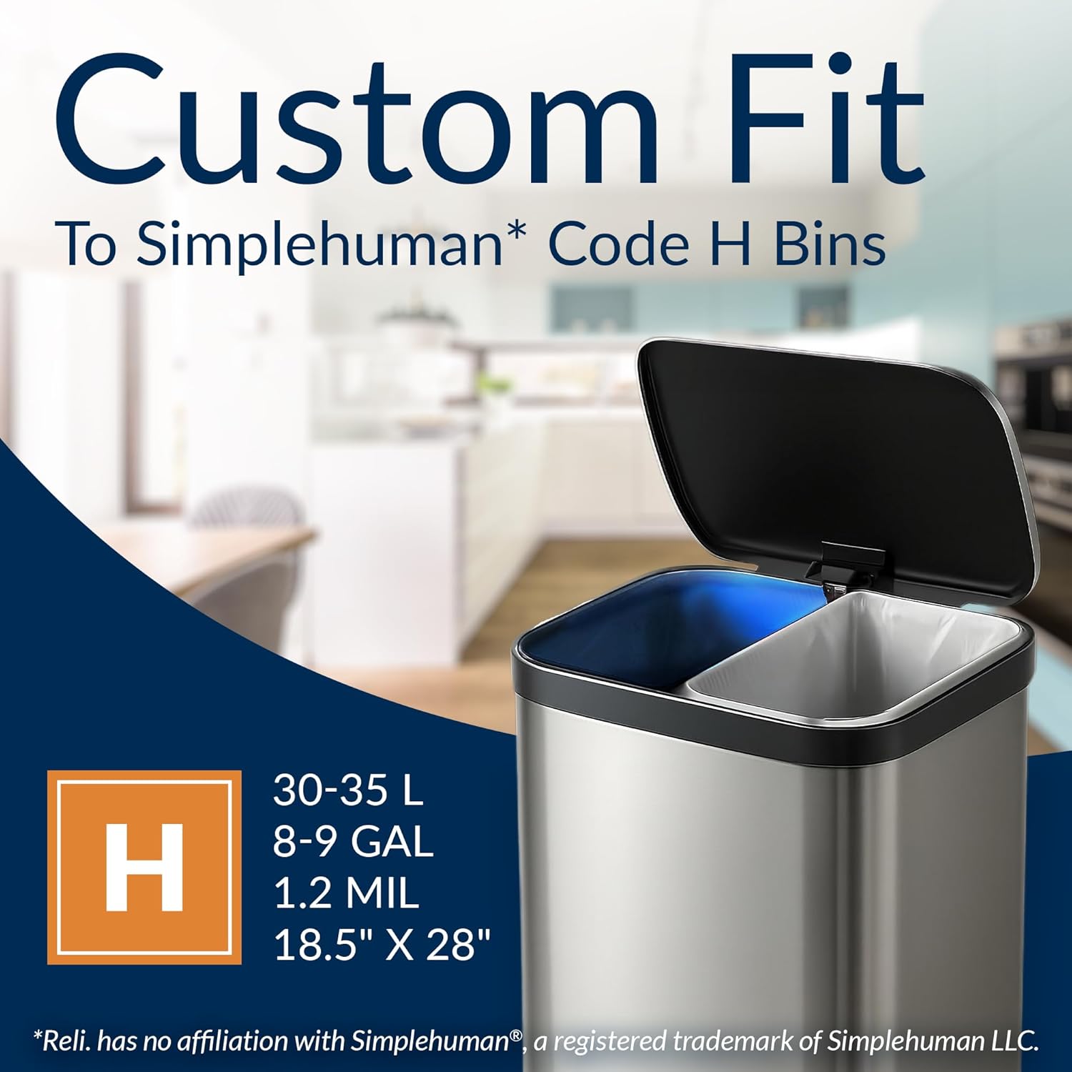 Reli. SuperFit Code H (225 Count) | Compatible with Simplehuman Code H | Custom Fit Liners | Drawstring Trash Bags | 30-35 Liter / 8-9 Gallon | White | Roll Pack