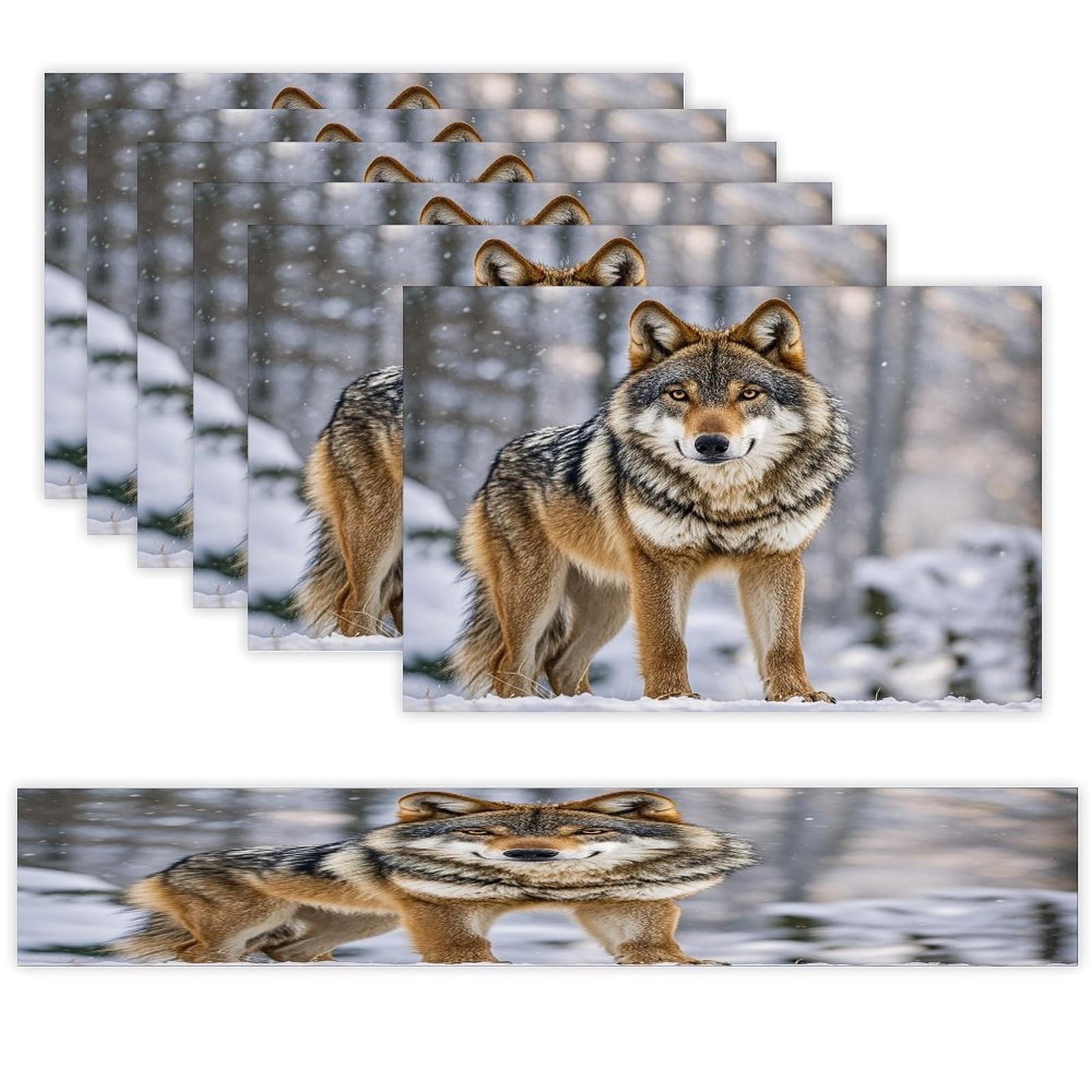 Wolf Placemats Set of 6 and Table Runner for Holiday Party Kitchen Dining Table Decor Farmhouse Style Washable Table Mat Set Heat Resistant Linen Place Mat Sets