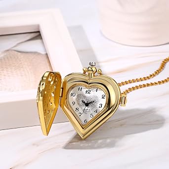 JewelryWe Mother's Day Gift Pocket Watch Women's Angel Wings Heart Chain Watch Analogue Quartz Watch Pendant with Necklace Chain Silver Gift for Women