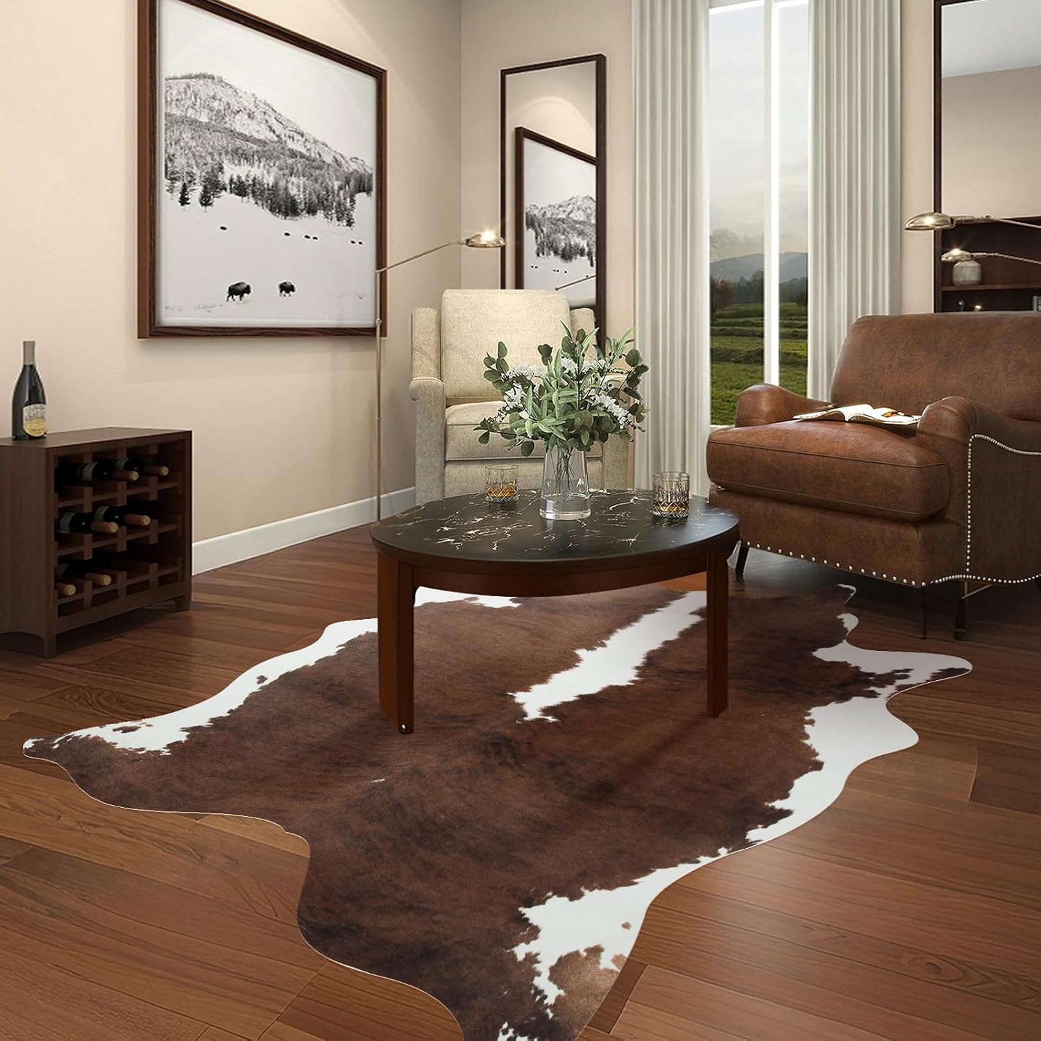 ‌Faux Cowhide Area Rug‌ 4.6x5.2 FT Premium Country Western Print Non-Slip Carpet, Kids & Pet-Friendly Western Decor for Living Room Bedroom Cow Hide Rug No-Fur Carpet