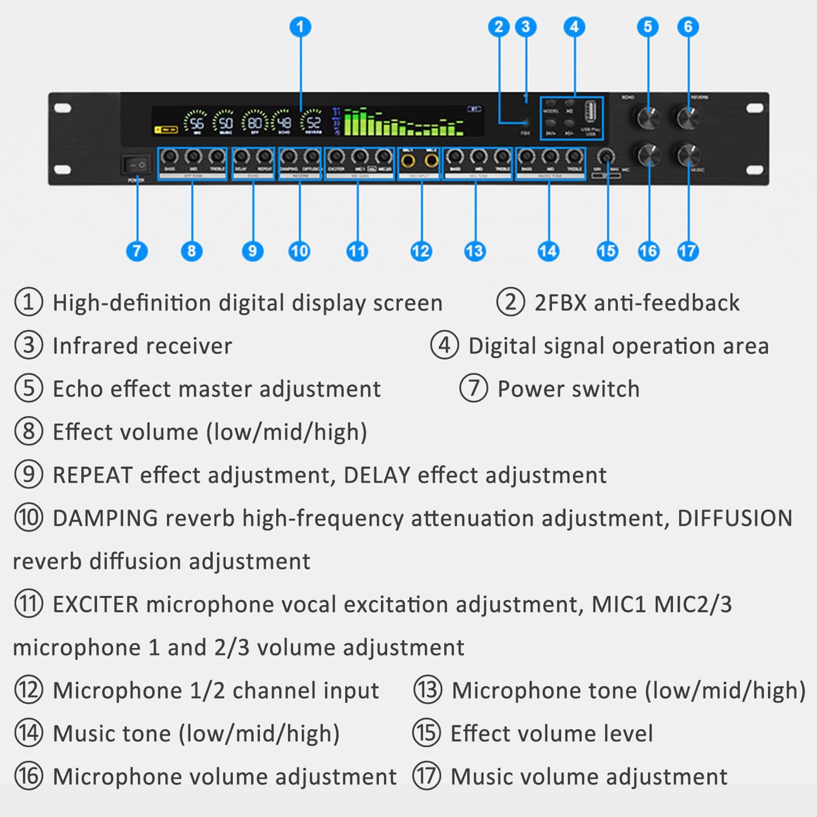 Procesador de audio digital, ecualizador de espectro antiaullidos con pantalla LCD, efectos ajustables para uso en el hogar y la iglesia