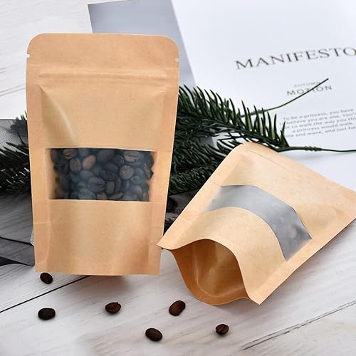 Miniatura 7 de BEISHIDA Paquete de 100 bolsas pequeñas resellables de 3.5 pulgadas, bolsas de papel kraft marrón herméticas con ventana transparente, bolsa de